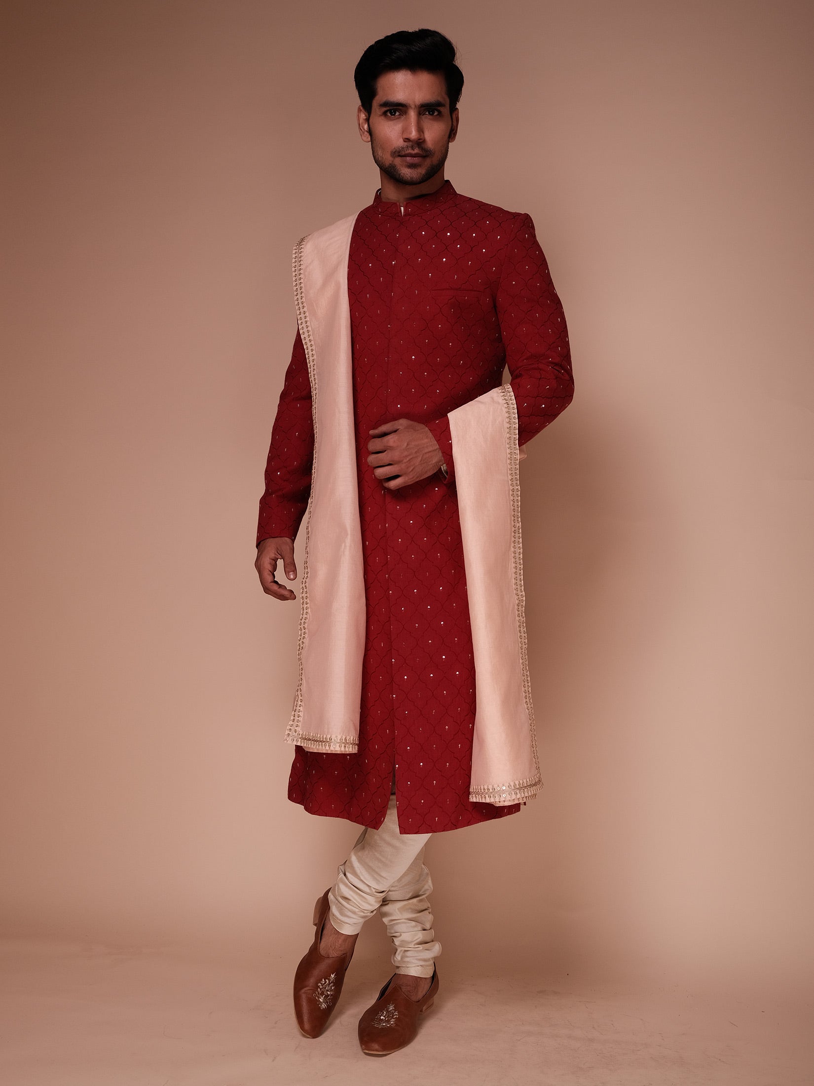 Deep Red Sherwani With Embroidered Structure Jaal And Fine Aspen Motifs Paired With Kurta,  Churidar And Dupatta