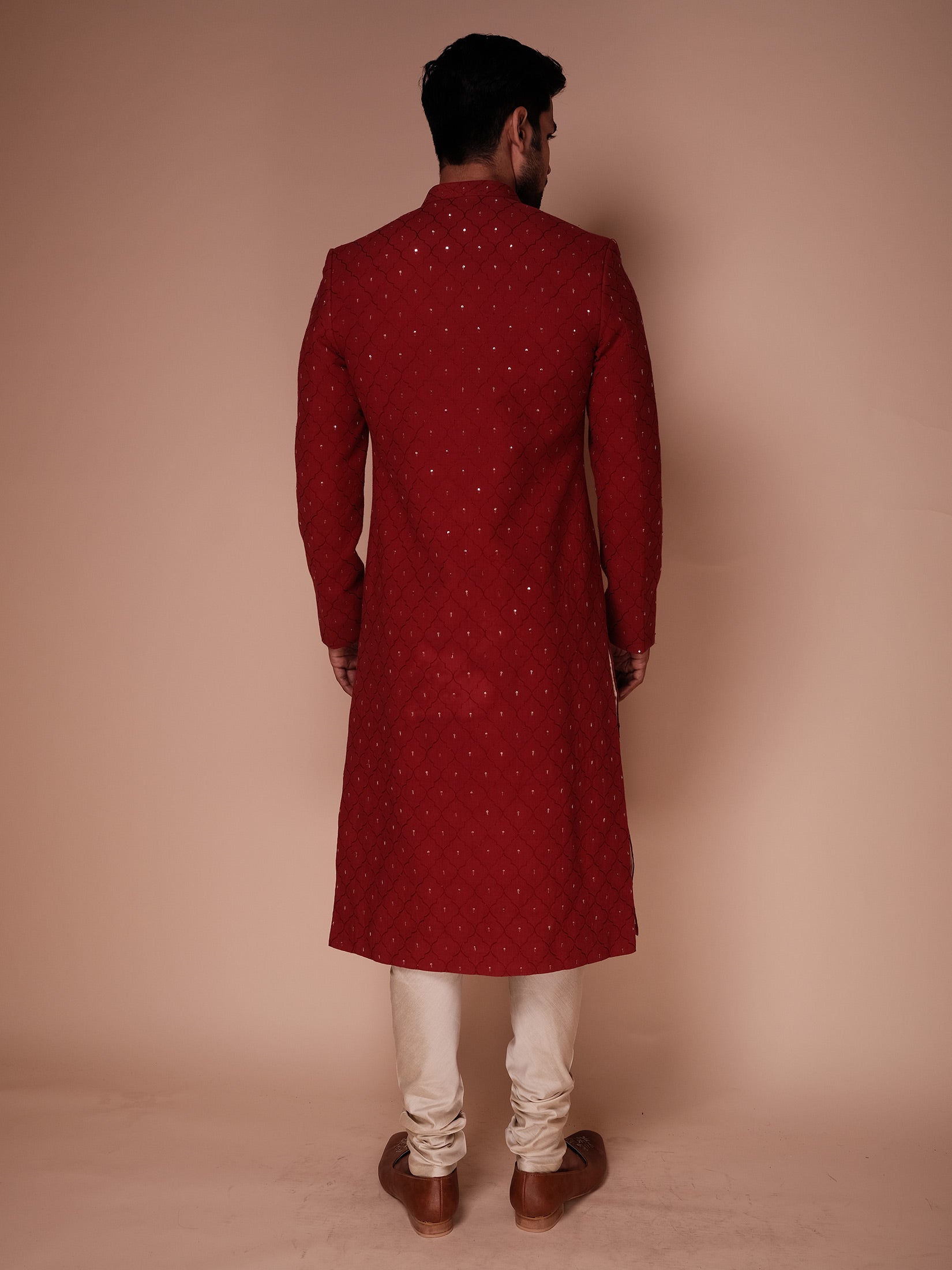 Deep Red Sherwani With Embroidered Structure Jaal And Fine Aspen Motifs Paired With Kurta And Churidar