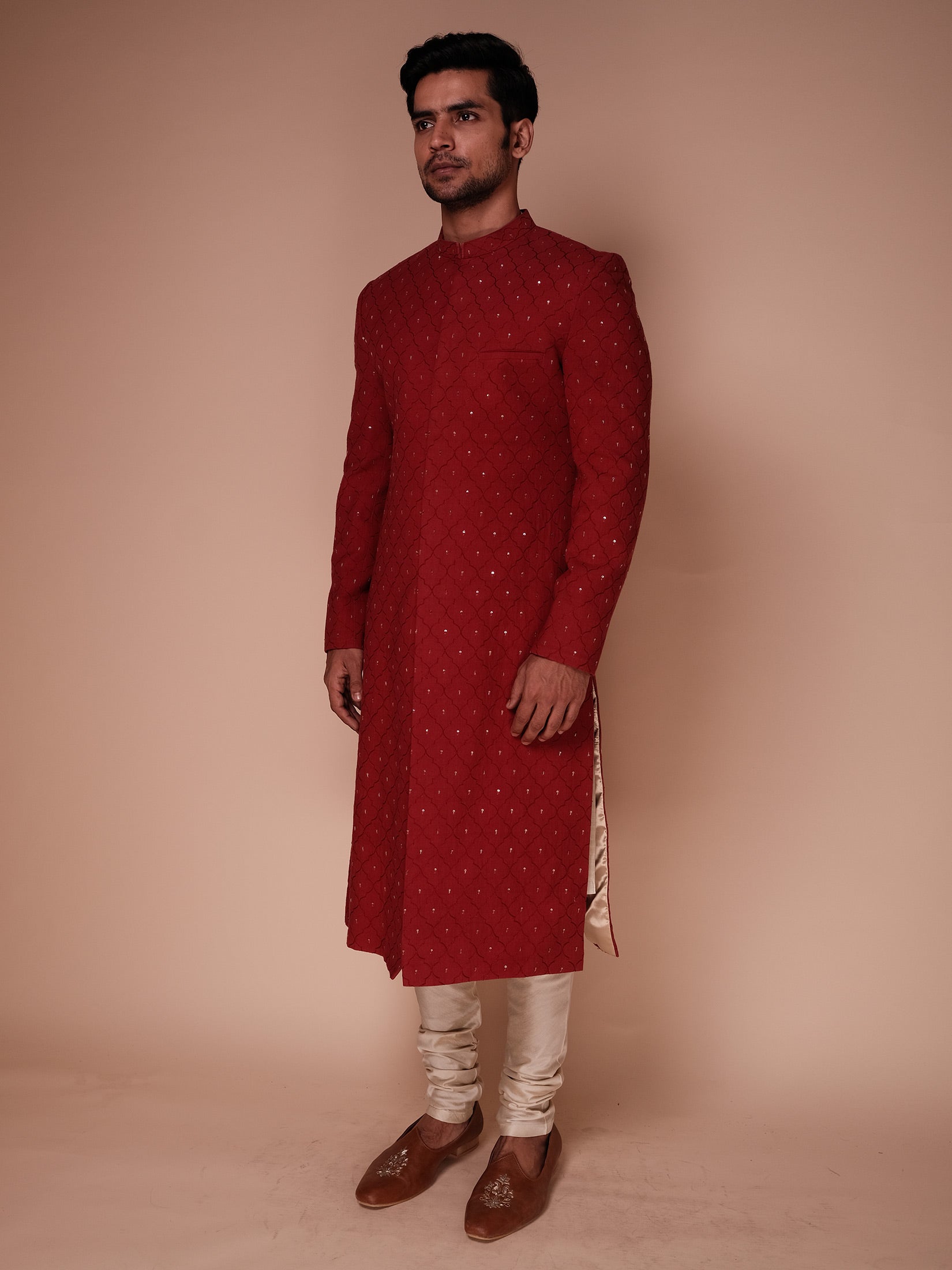 Deep Red Sherwani With Embroidered Structure Jaal And Fine Aspen Motifs Paired With Kurta And Churidar