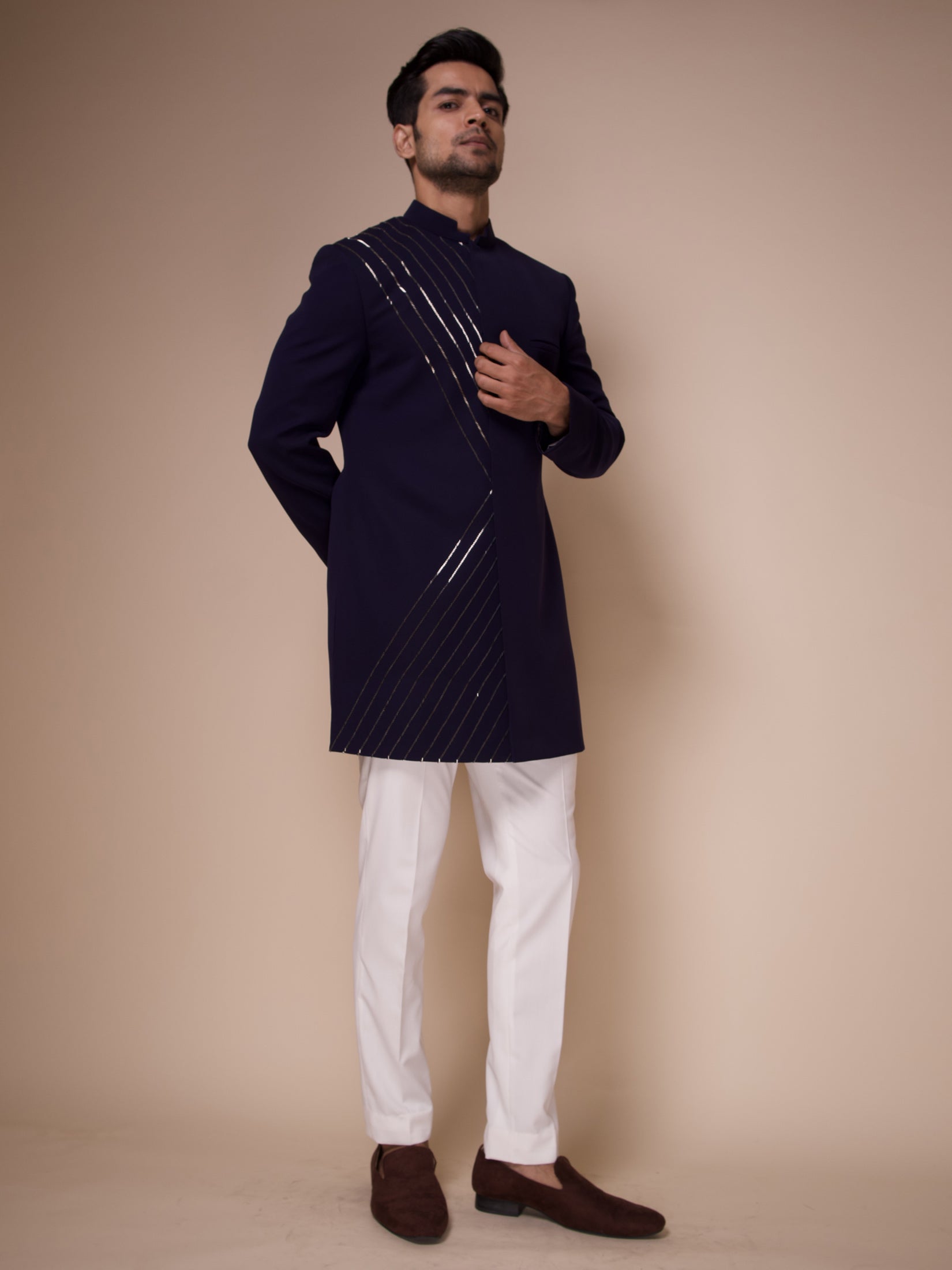 Midnight Blue Indowestern With One Side Embroidered Lines Paired With Fitted Pants