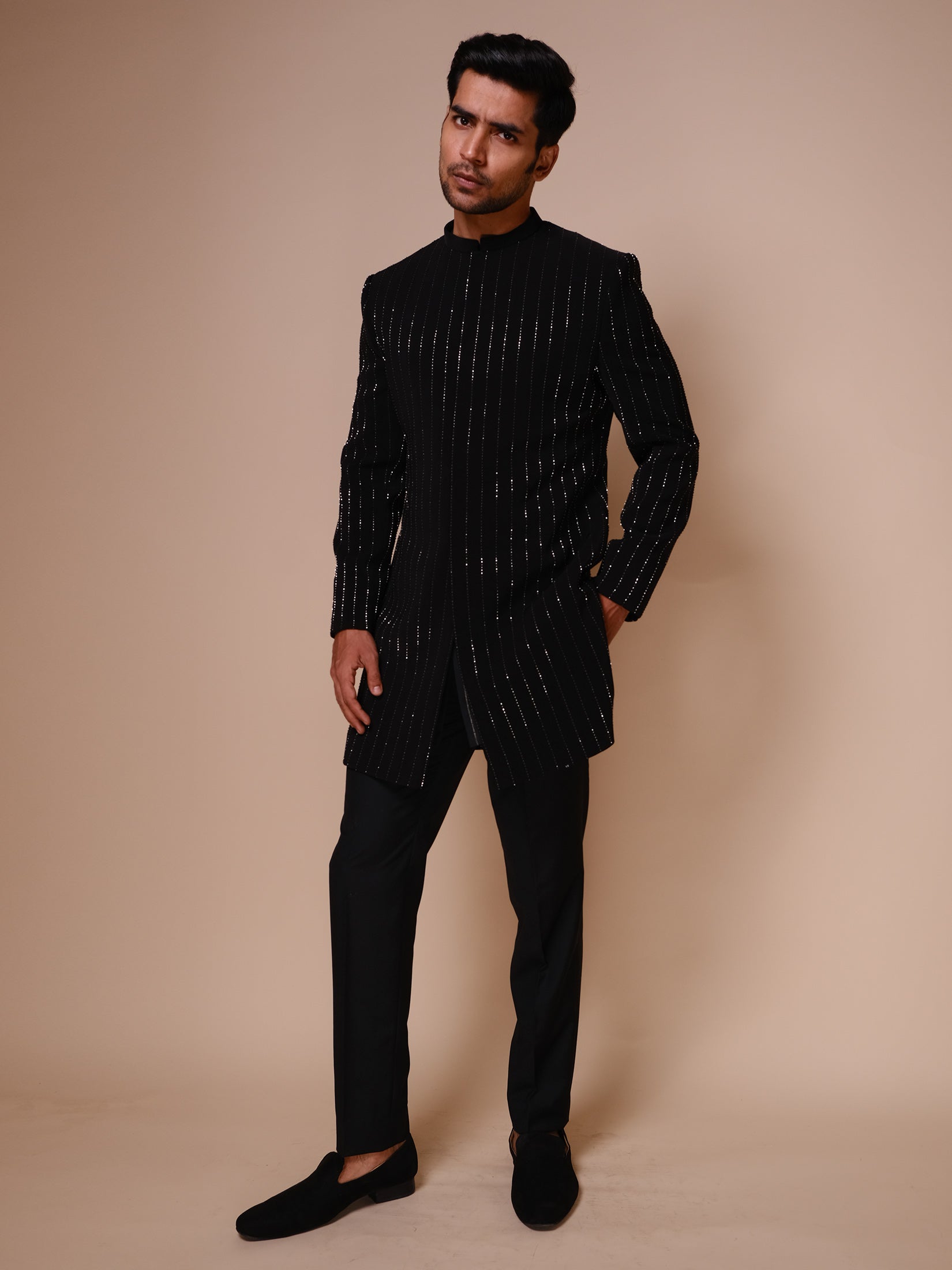 Black Indowesterrn With Embroidered Vertical Lines Paired With Fitted Pants