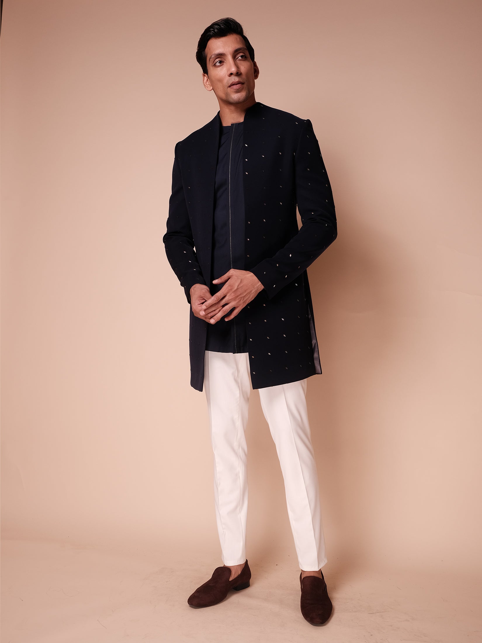Midnight Blue Open Style Indowestern With Quard Motifs And Tonel Kurta Paired With Fitted Pants