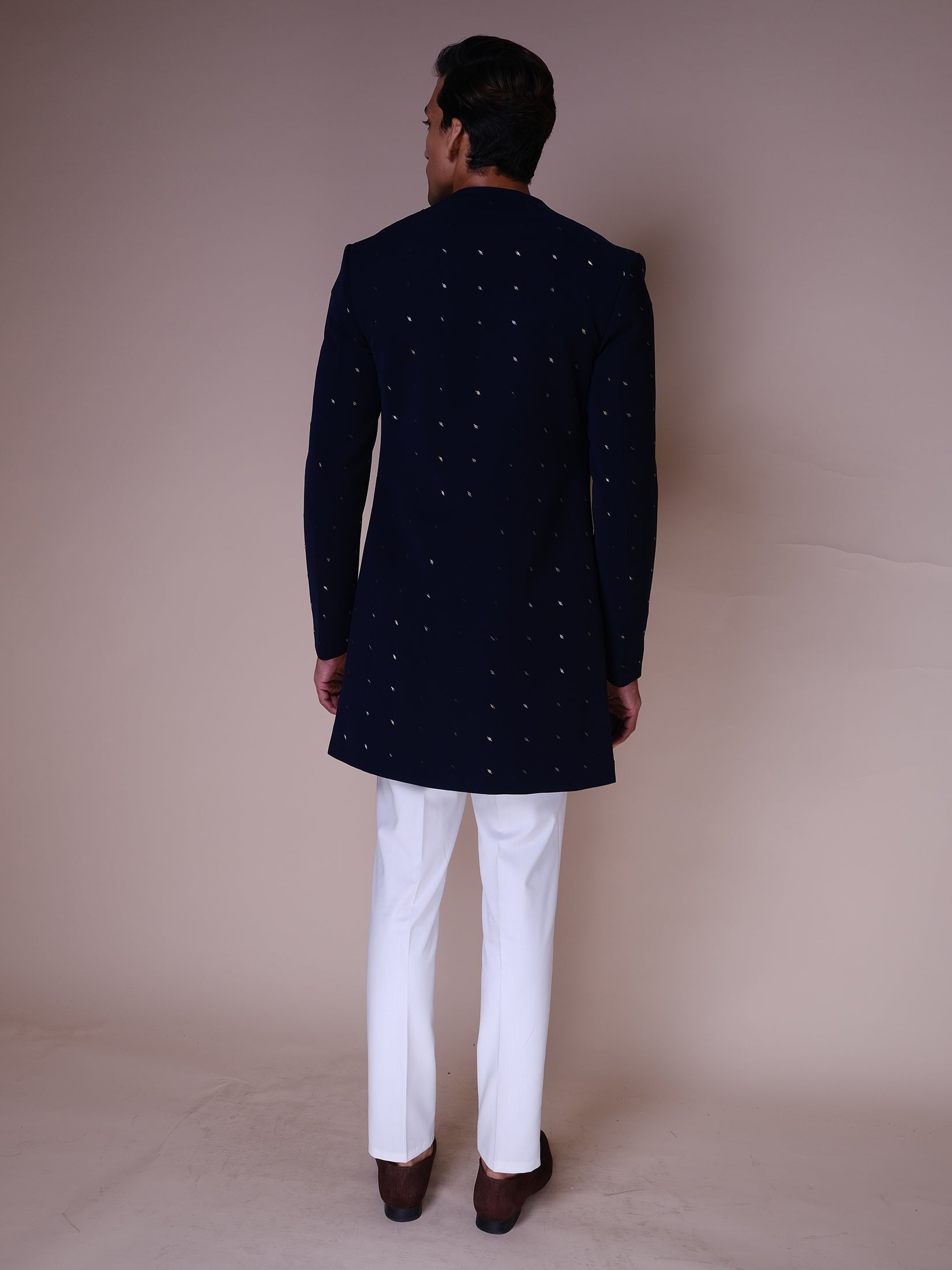 Midnight Blue Indowestern With Embroidered Motifs,on Kurta Also Paired With Fitted Pants