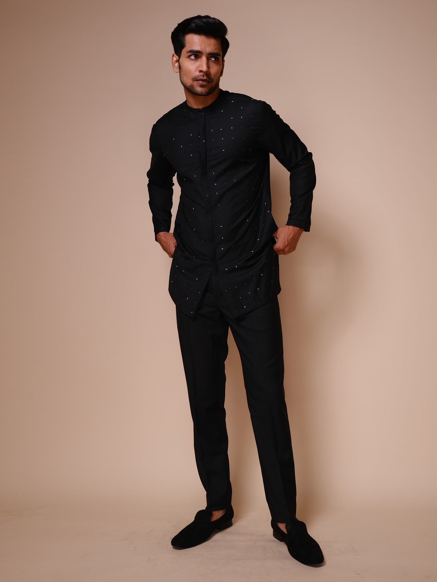 Black Indowestern With Embroidered Motifs,on Kurta Also Paired With Fitted Pants