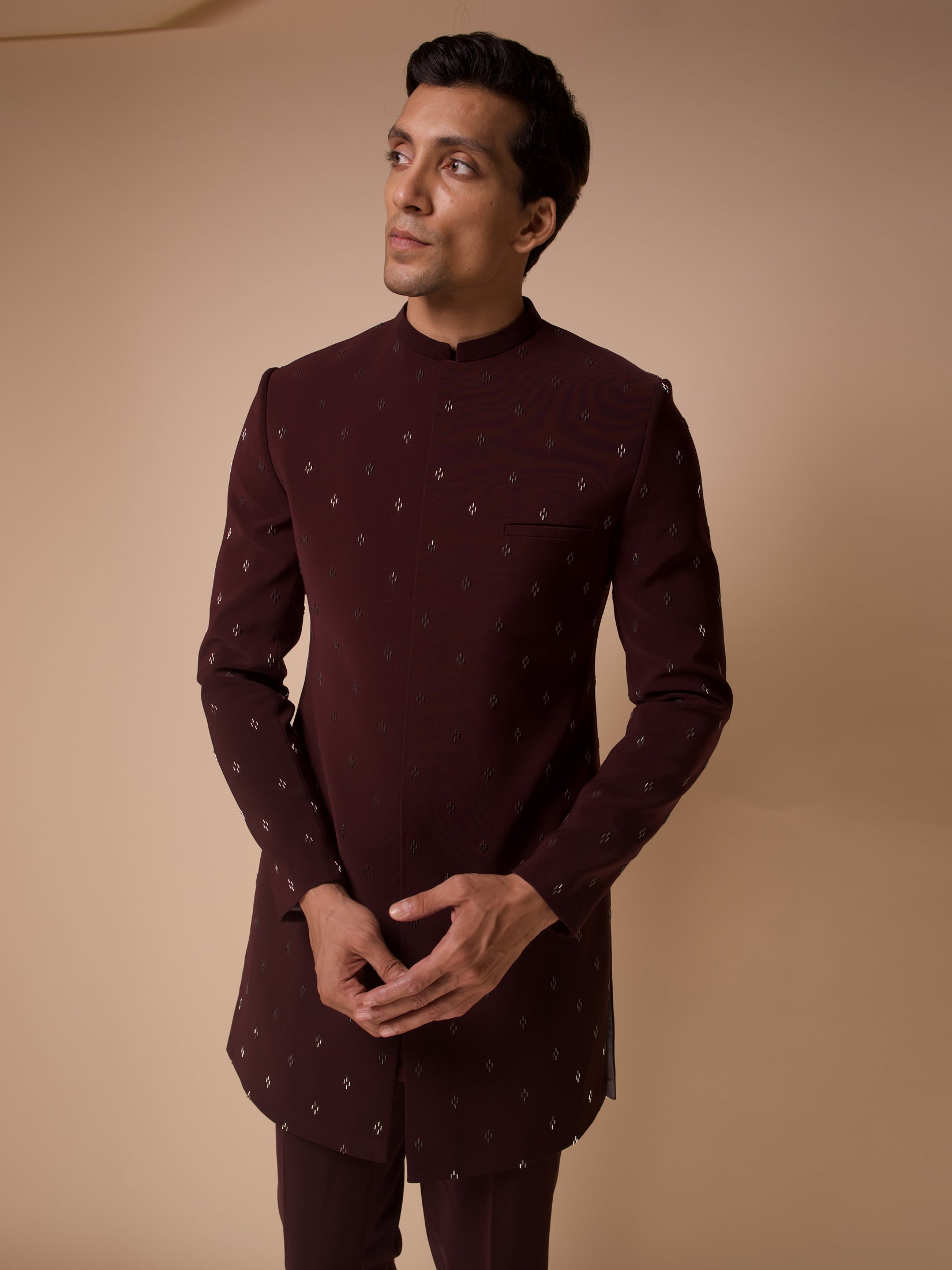 Burgandy Indowestern With Embroidered All Over Motifs Paired With Fitted Pants