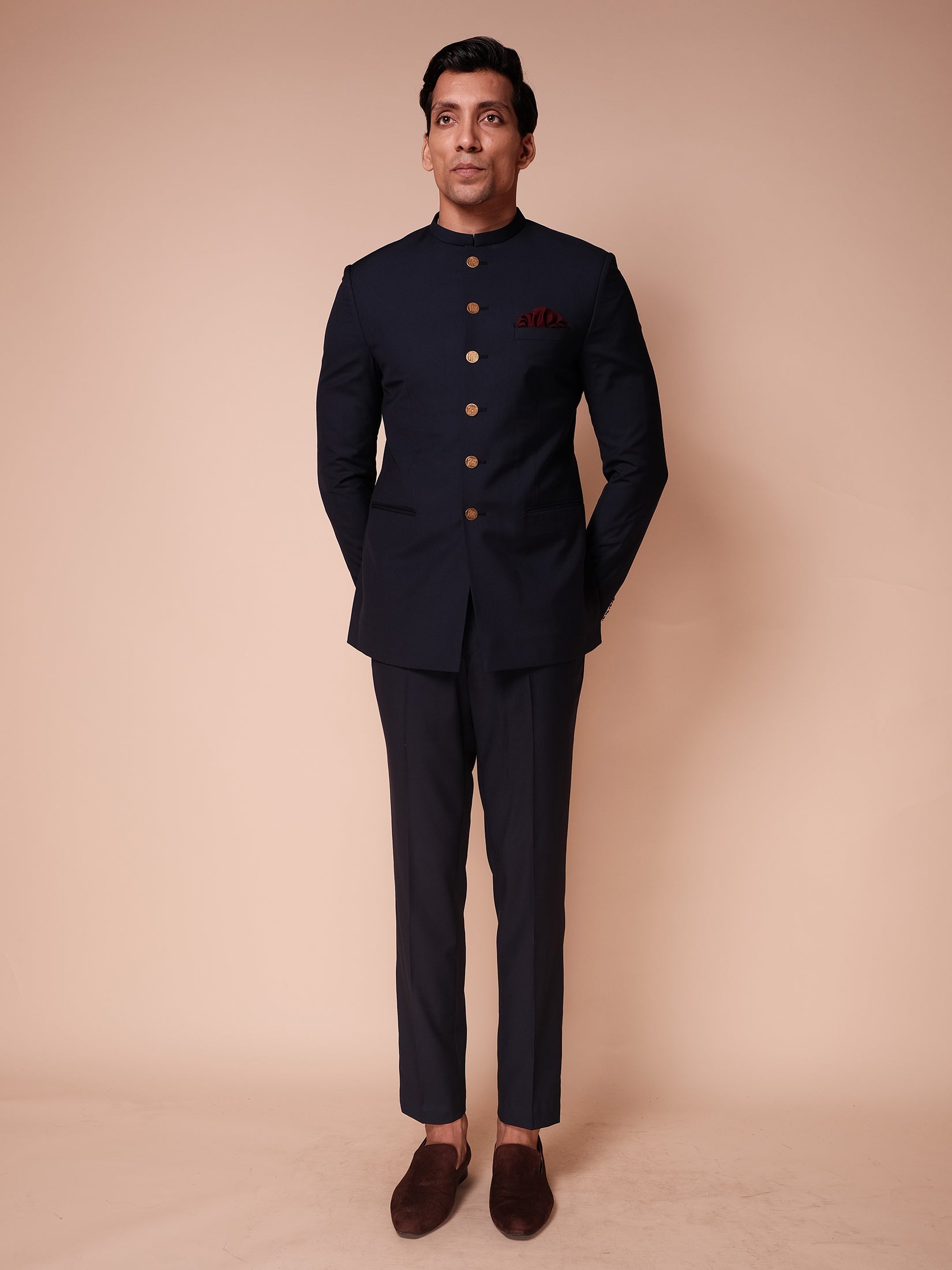 Midnight Blue Bandhgala With Signature Tisa Buttons Paired With Trousers