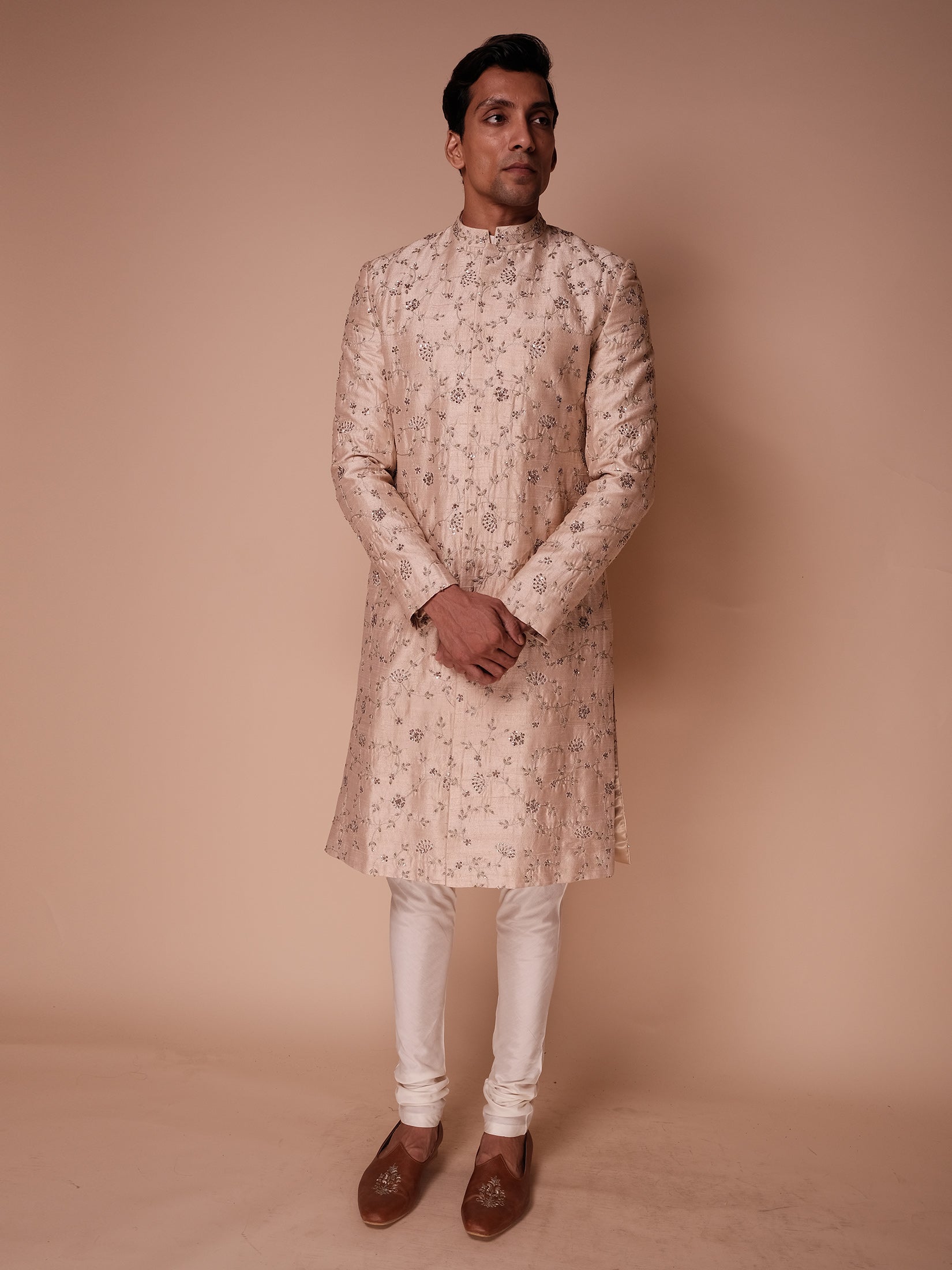 Light Peach Sherwani With Embroidered Lantana Flower Vine Paired With Kurta And Churidar