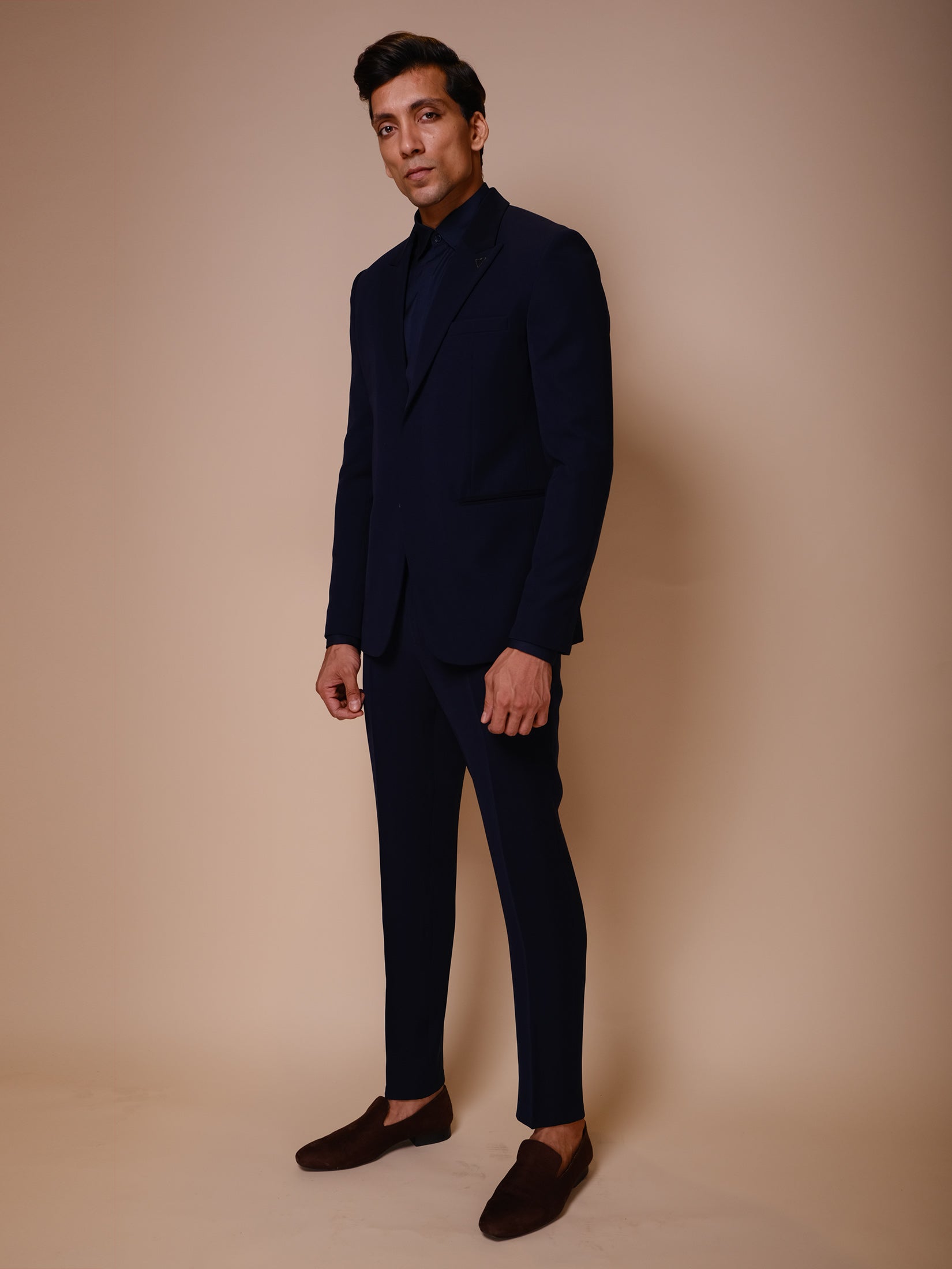 Midnight Blue Peak Suit With Inverted Triangle Outline Embroidery Paired With Trousers And Tonal Shirt And Trousers