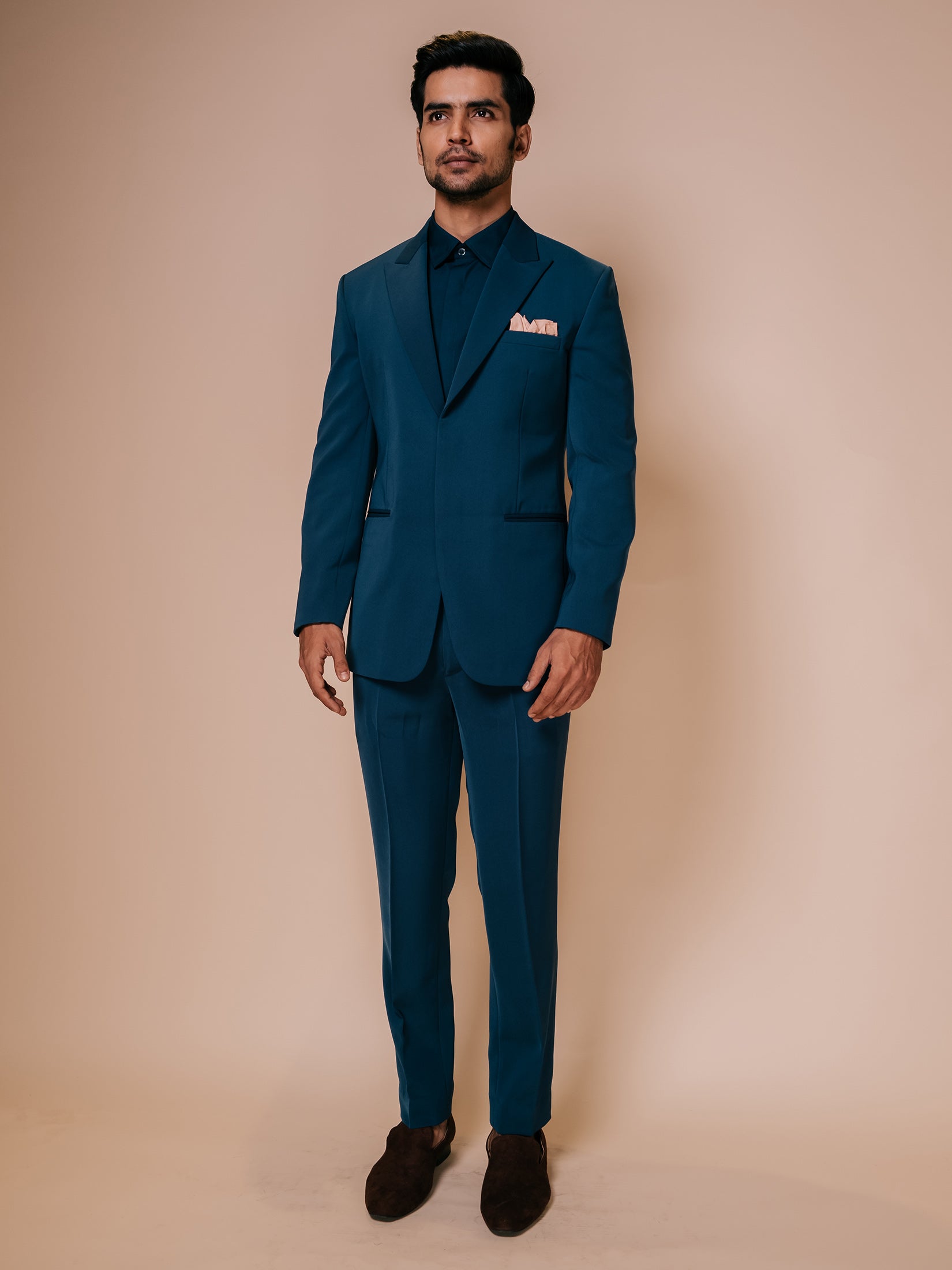 Teal Peak Lapel Suit With Embroidered Triangle On Collar Back Paired With Trousers And Tonal Shirt