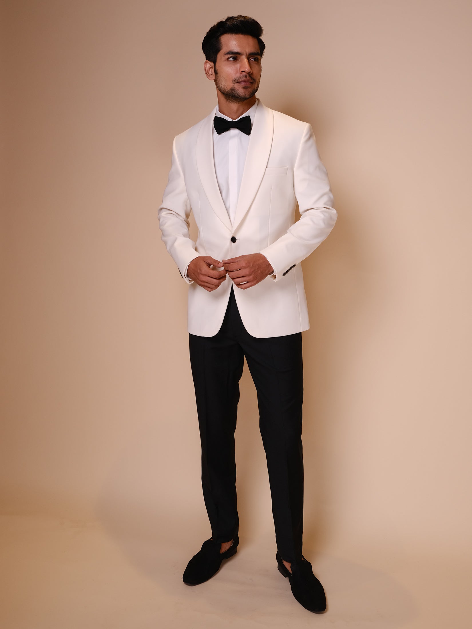 White Shawl Lapel Tuxedo Paired With Trousers And Tonal Shirt