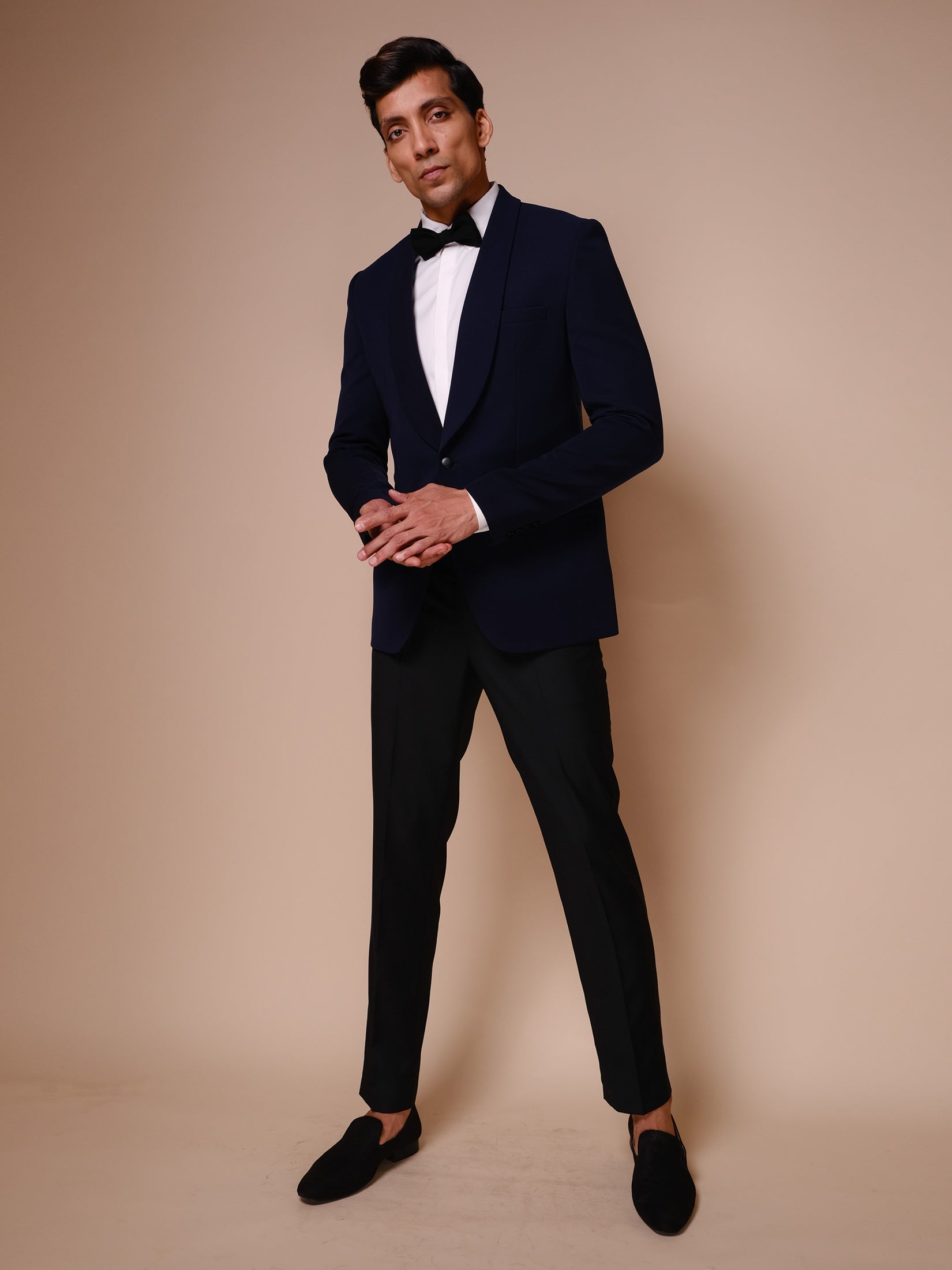 Midnight Blue Shawl Lapel Tuxedo Paired With Trousers And White Shirt