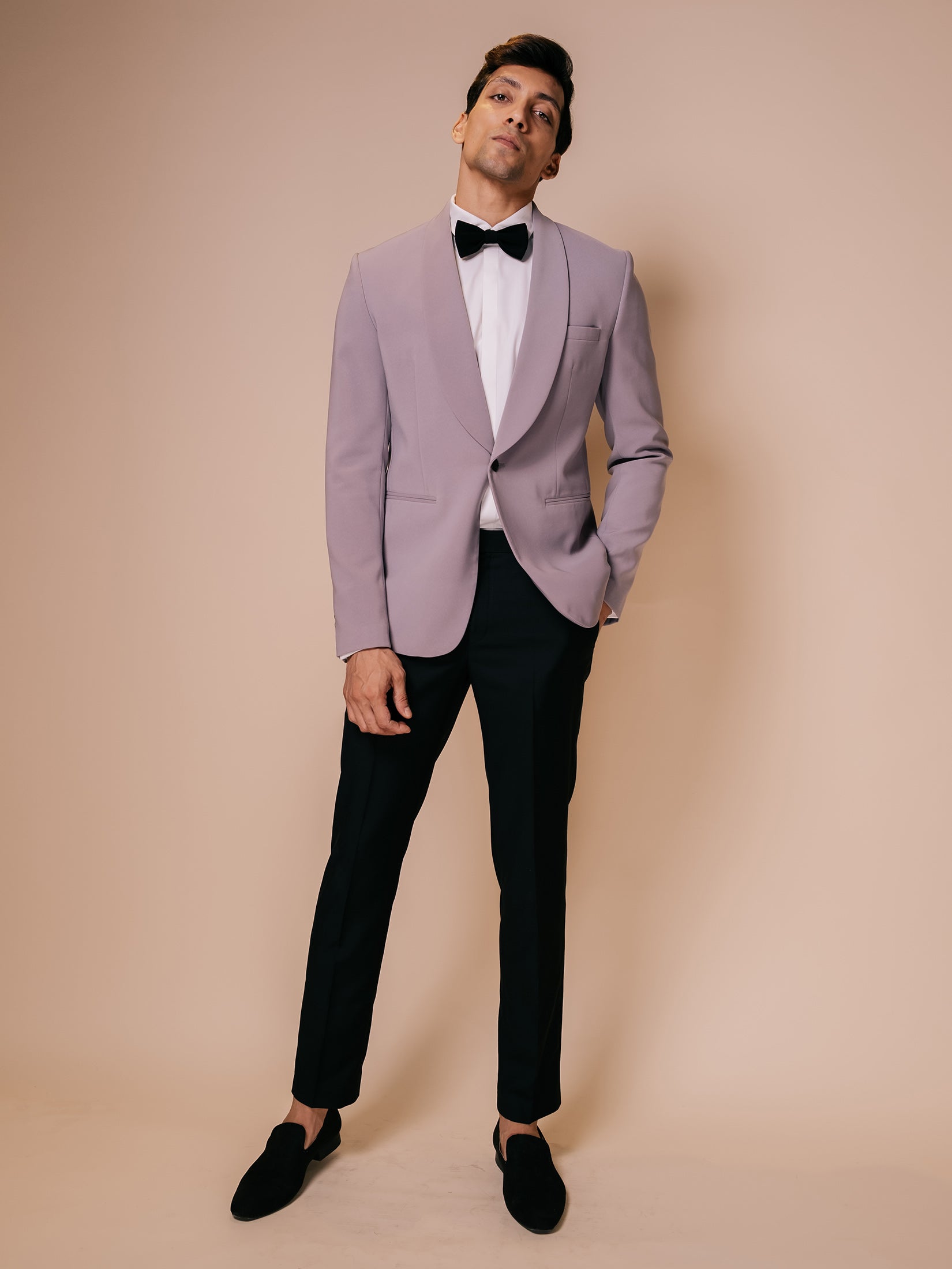 Grey Shawl Lapel Tuxedo Paired With Trousers And White Shirt