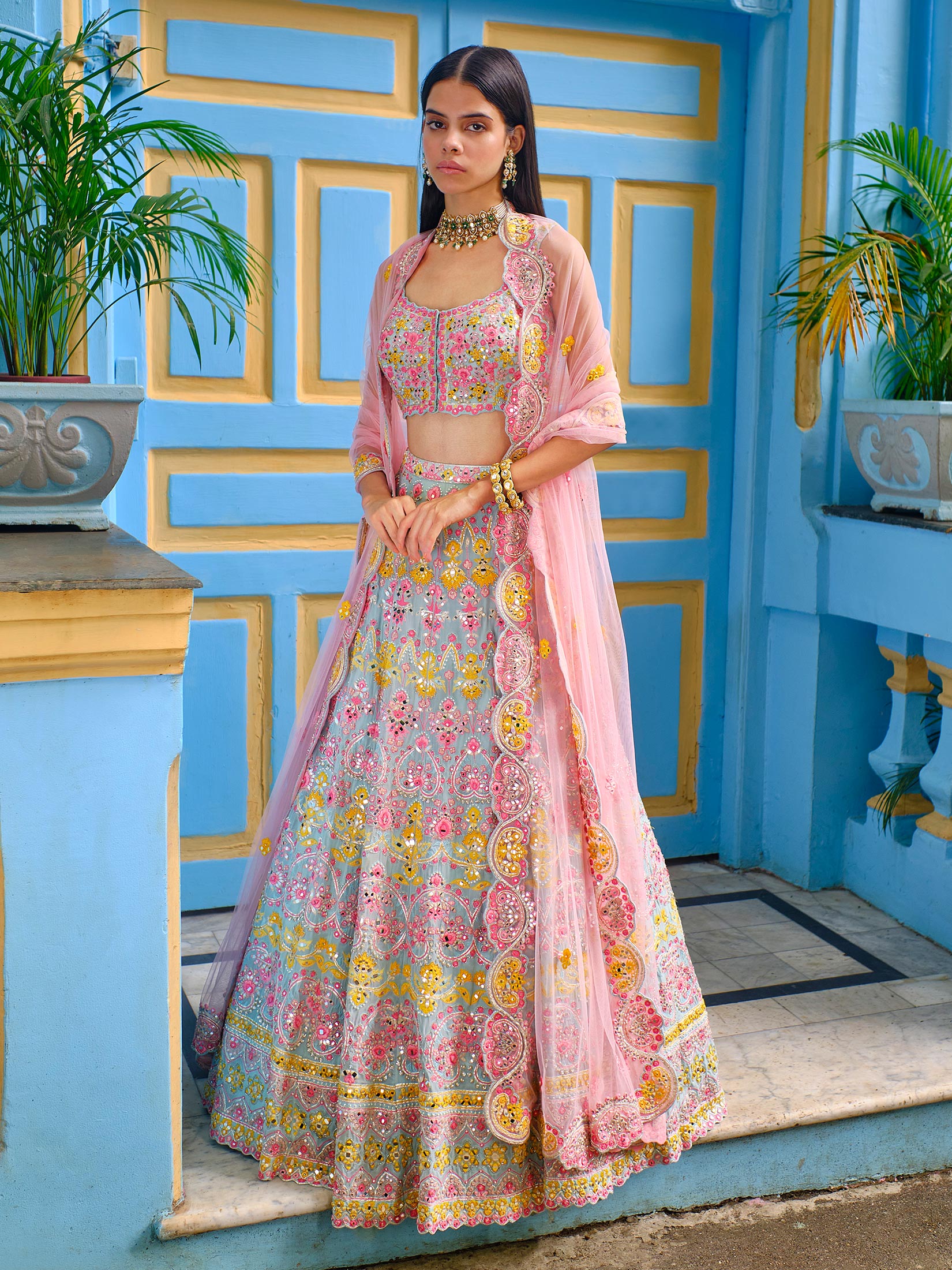 Aqua Scallop Pearl Lehenga