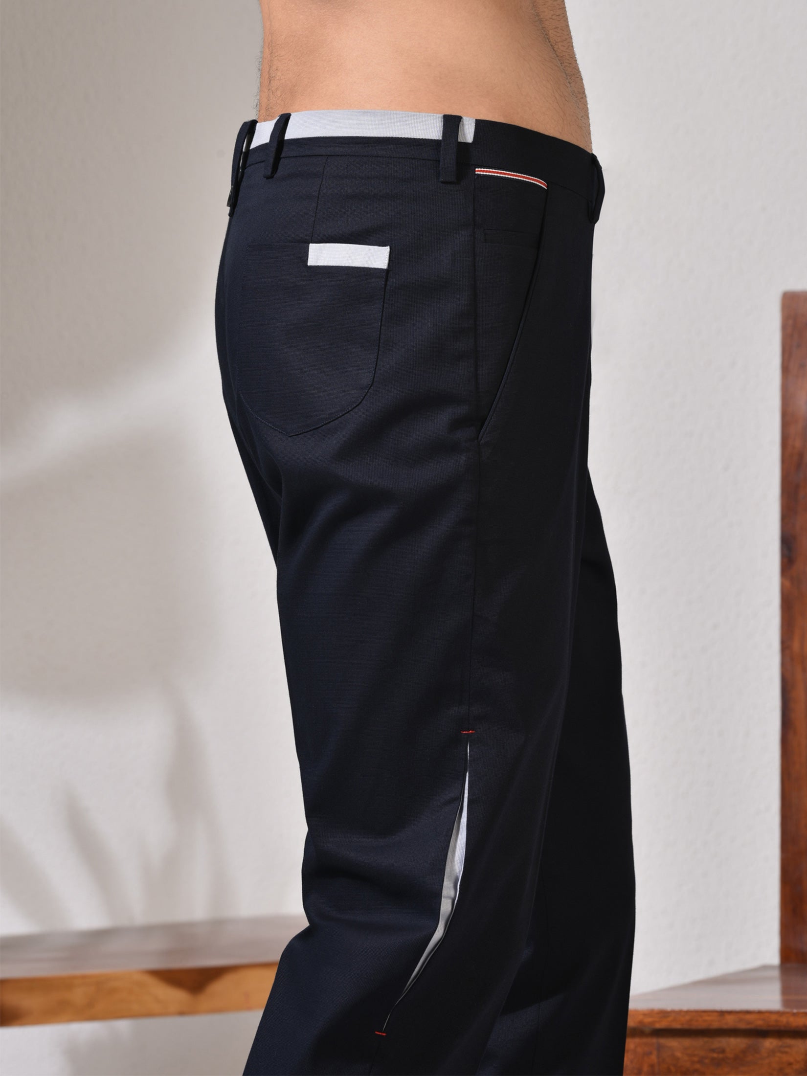 Vertical, Navy Blue Strtch Trouser With Subtle Detailings
