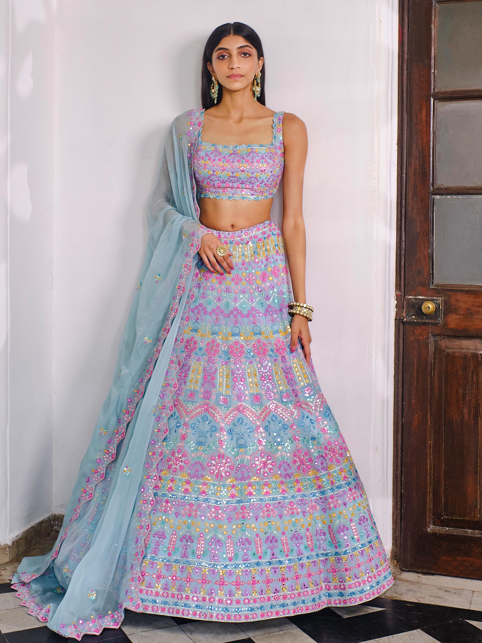 Powder Blue Floral Lehenga