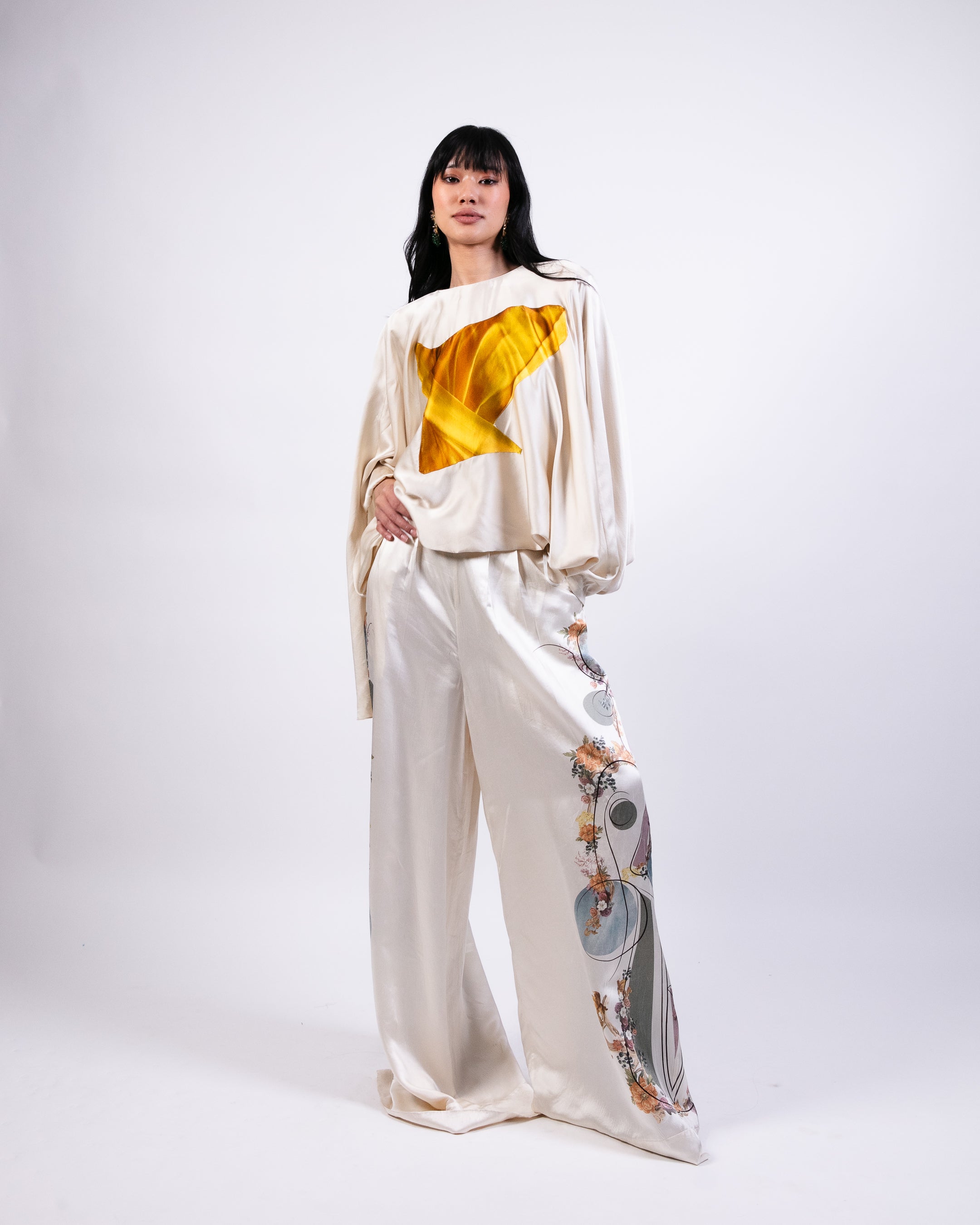Printed Silk Trouser With Applique  Top