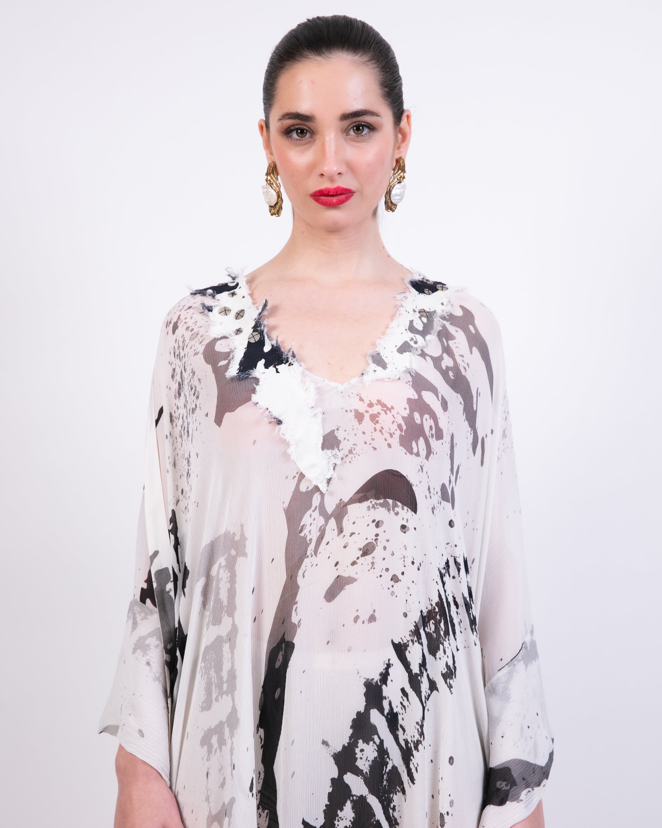 Draped Kaftan With Printed Slip Dress