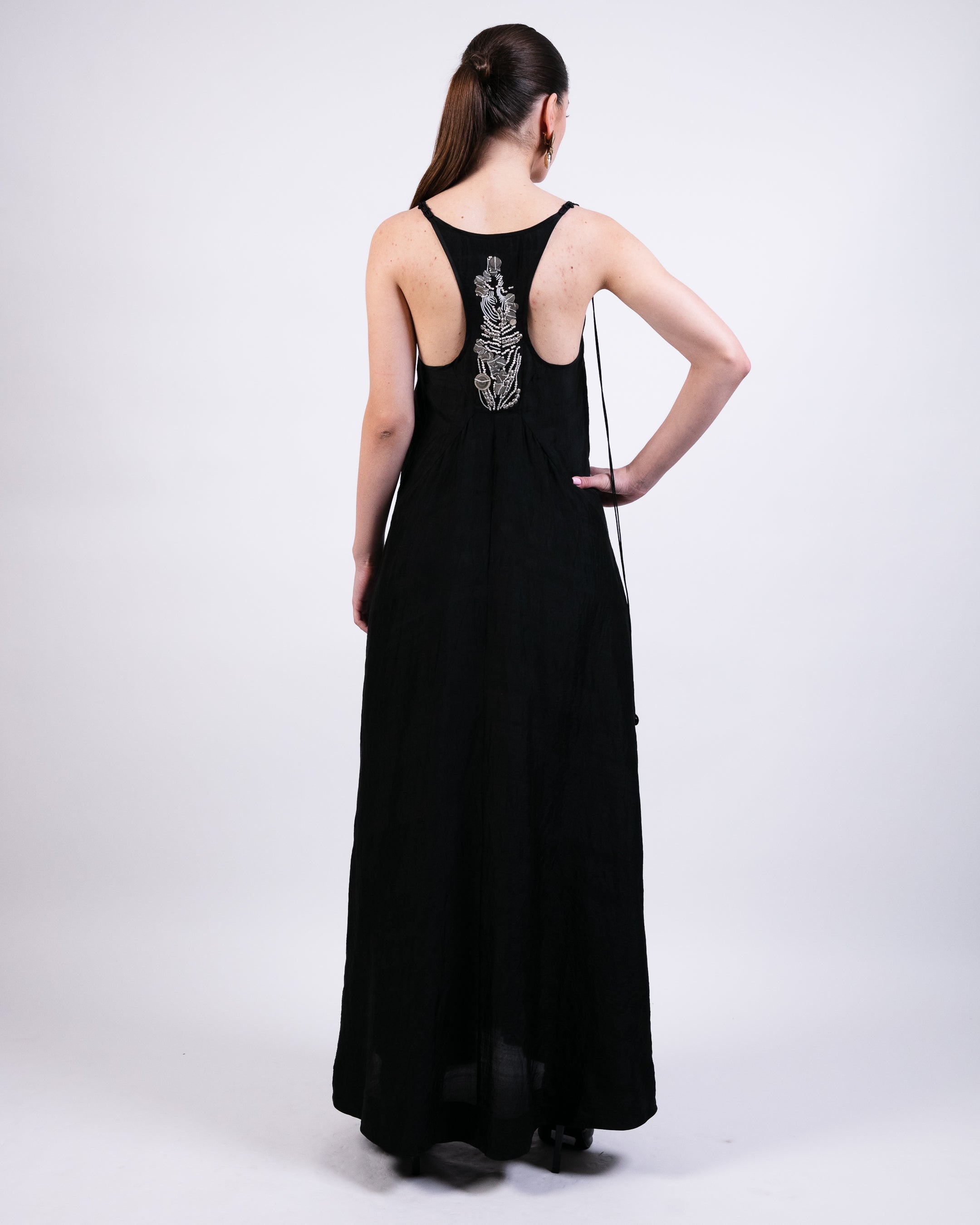 Black Slip Dress With Coin Embroidery