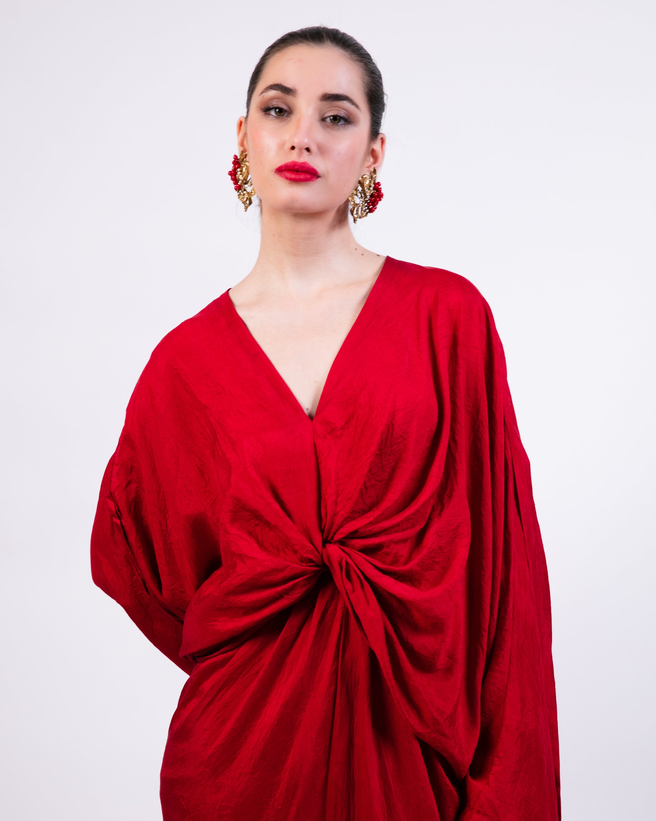 Red Knotted Kaftan With Coin Embroidery