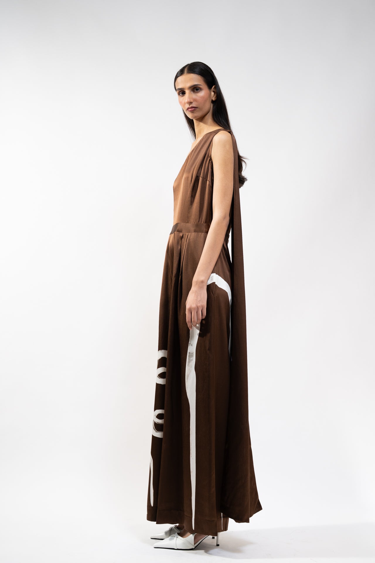 Brown Abstract Print Silk Jumpsuit
