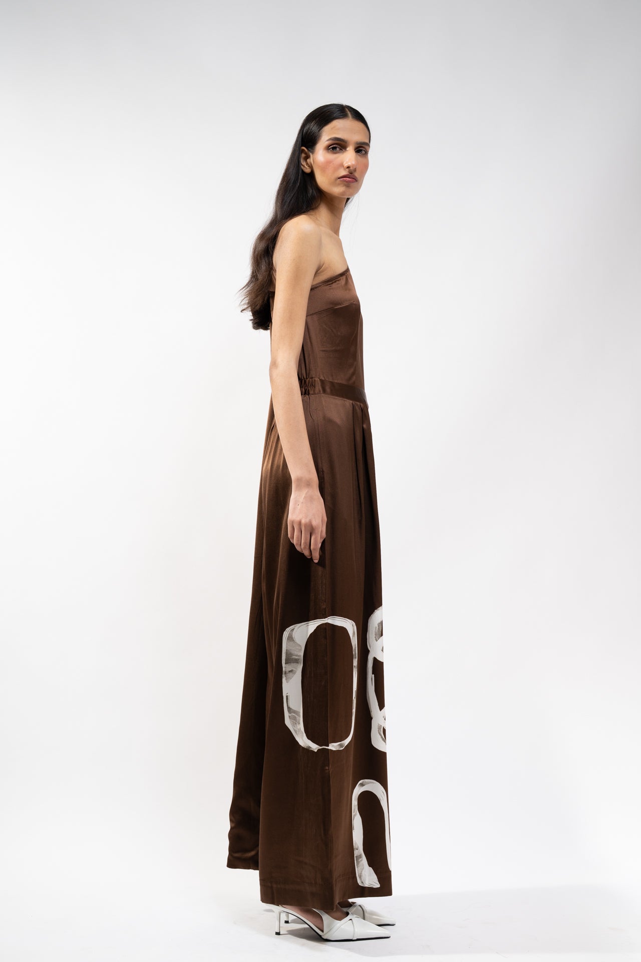 Brown Abstract Print Silk Jumpsuit