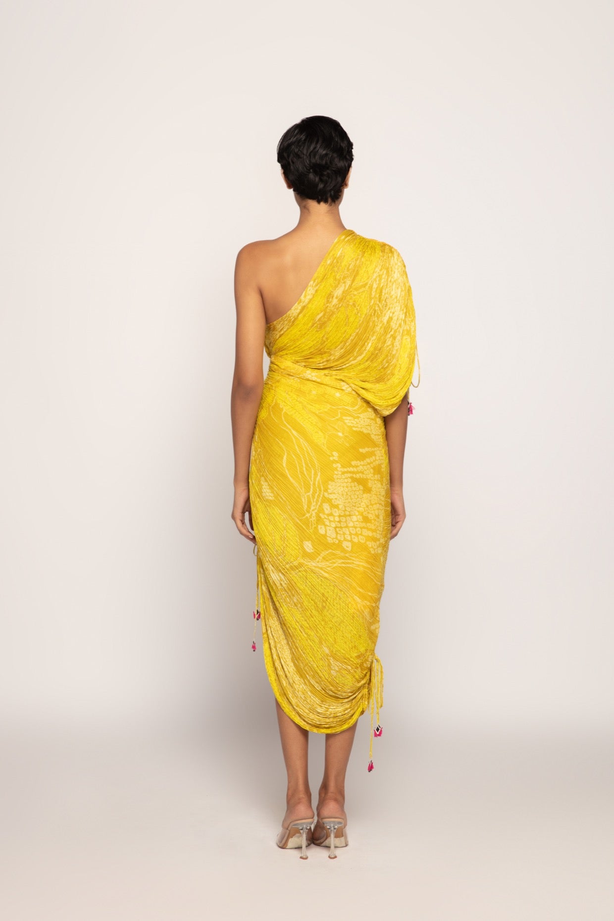 Perinwinkle Bandhani Print, Hand Micro Pleated Sari Style Dress
