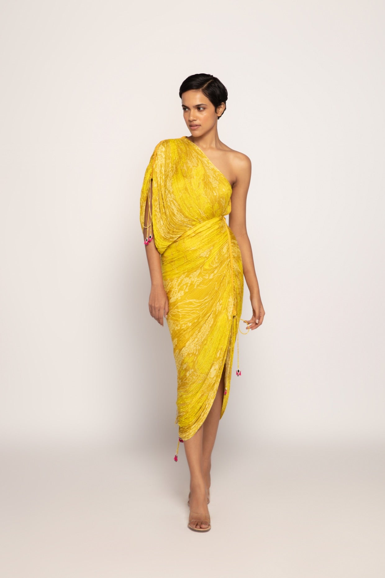 Perinwinkle Bandhani Print, Hand Micro Pleated Sari Style Dress