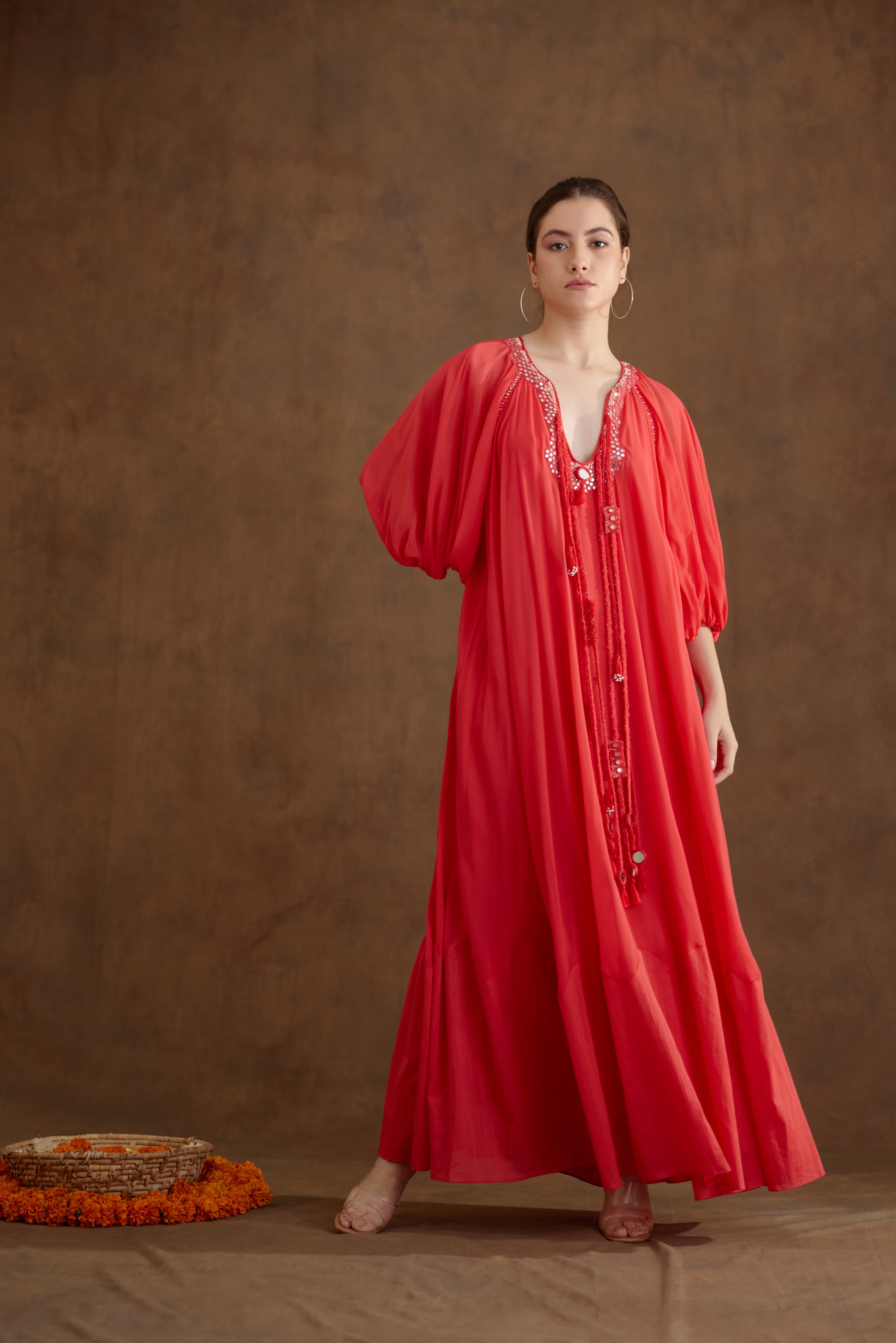 Coral hot sale embroidered dress