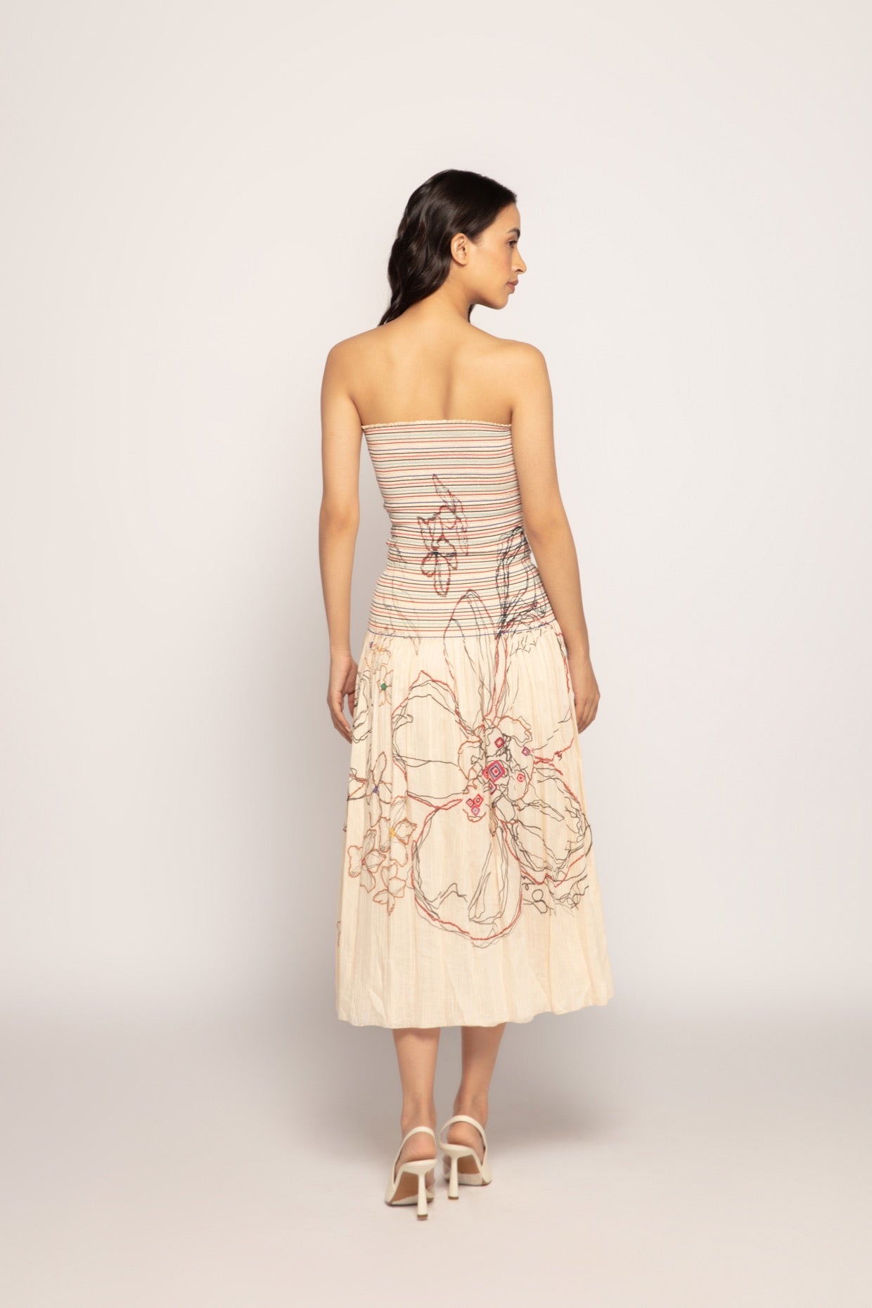 Stripe And Periwinkle Print Strapless Midi Dress