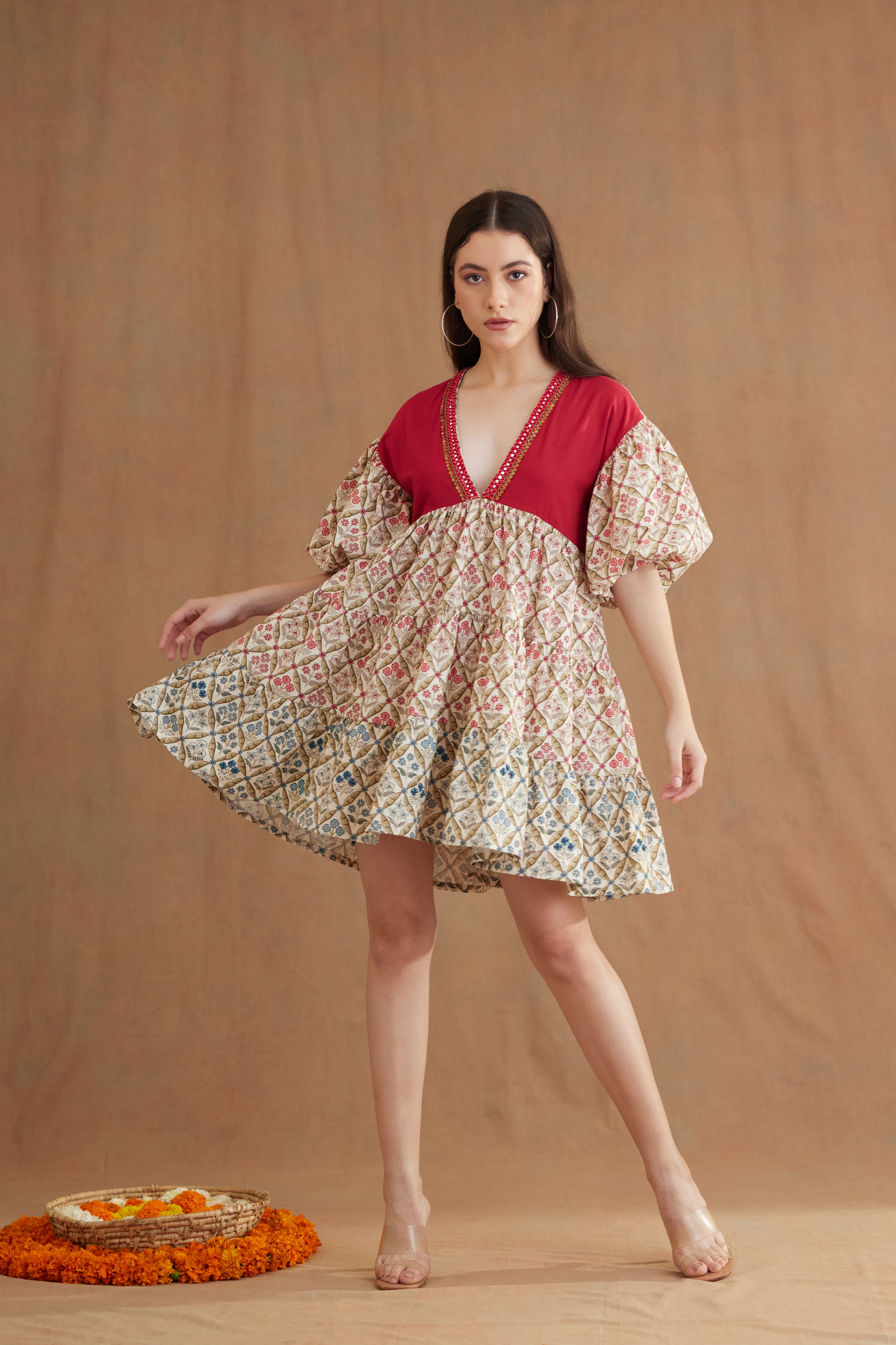 Tobacco Hand Embroidered Tier Dress