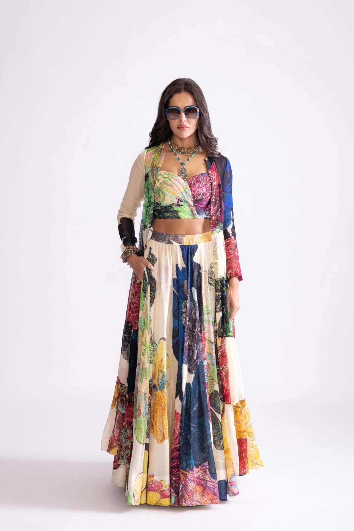 Bluey Blouse, Magnolia Cape And Magnolia Lehenga