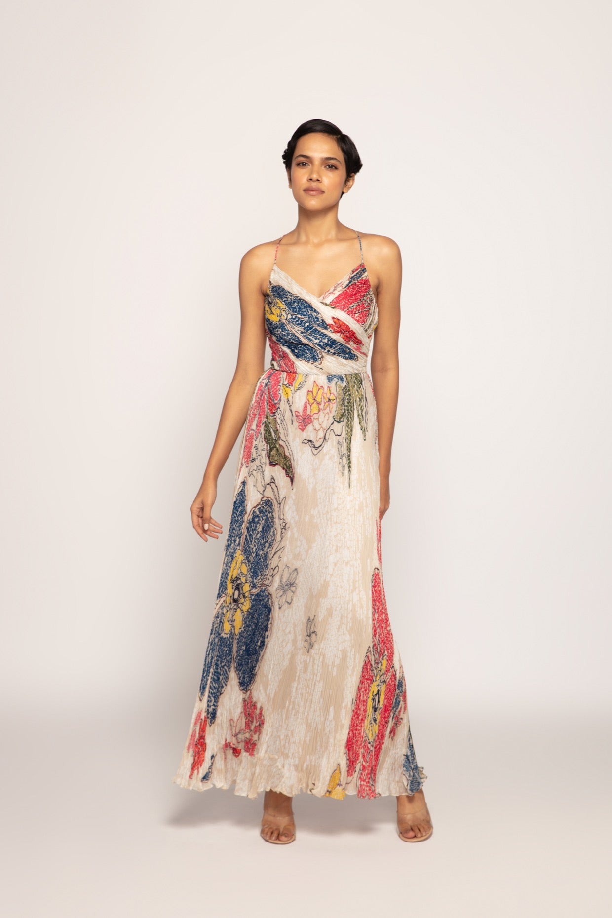 Periwinkle Bandhani Print, Hand Micro Pleated Cross Over Bustier Maxi Dress