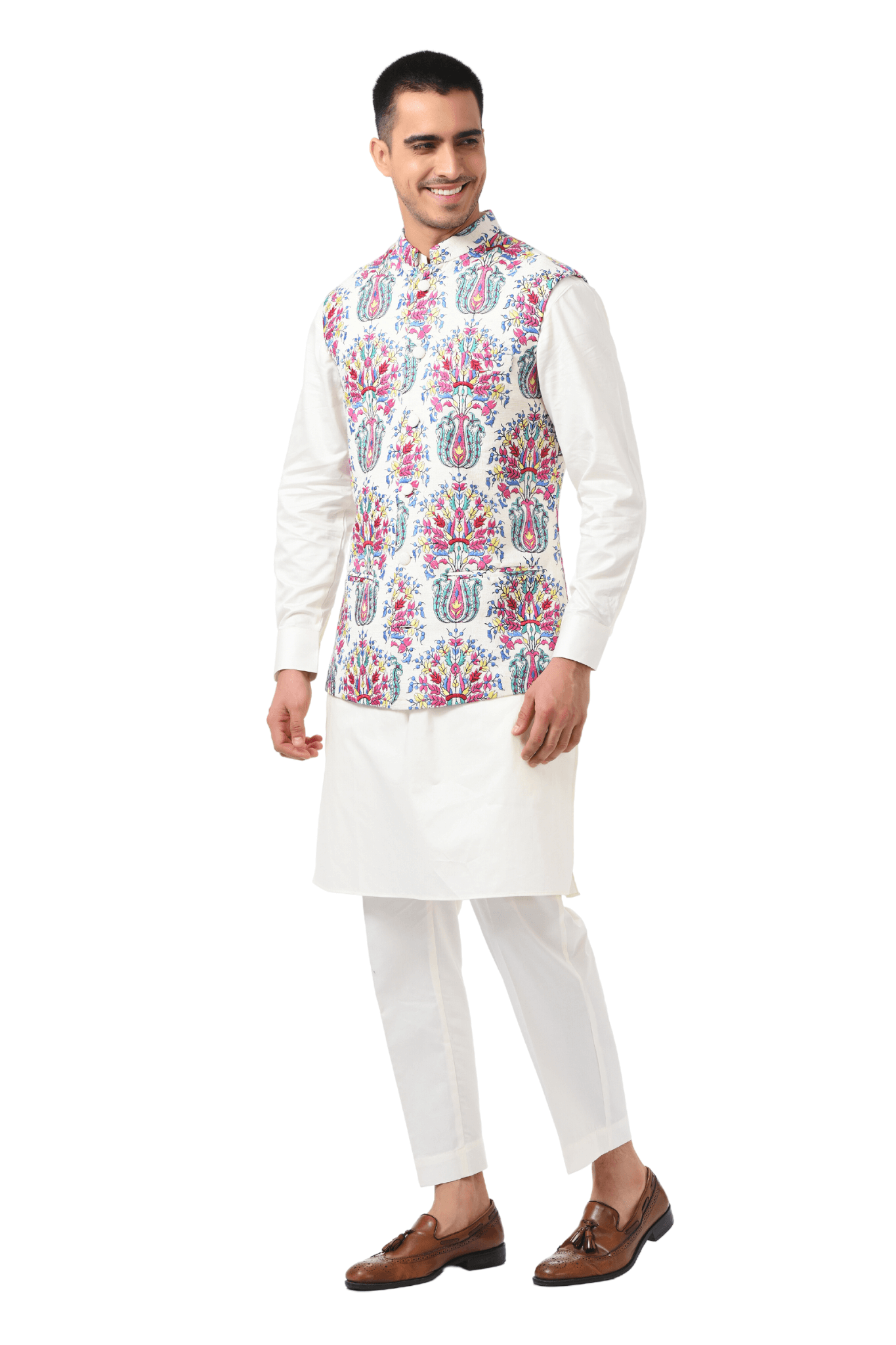 Dull blue and white floral printed jacket with off-white kurta and pyjama -  set of three by Desi Doree | The Secret Label