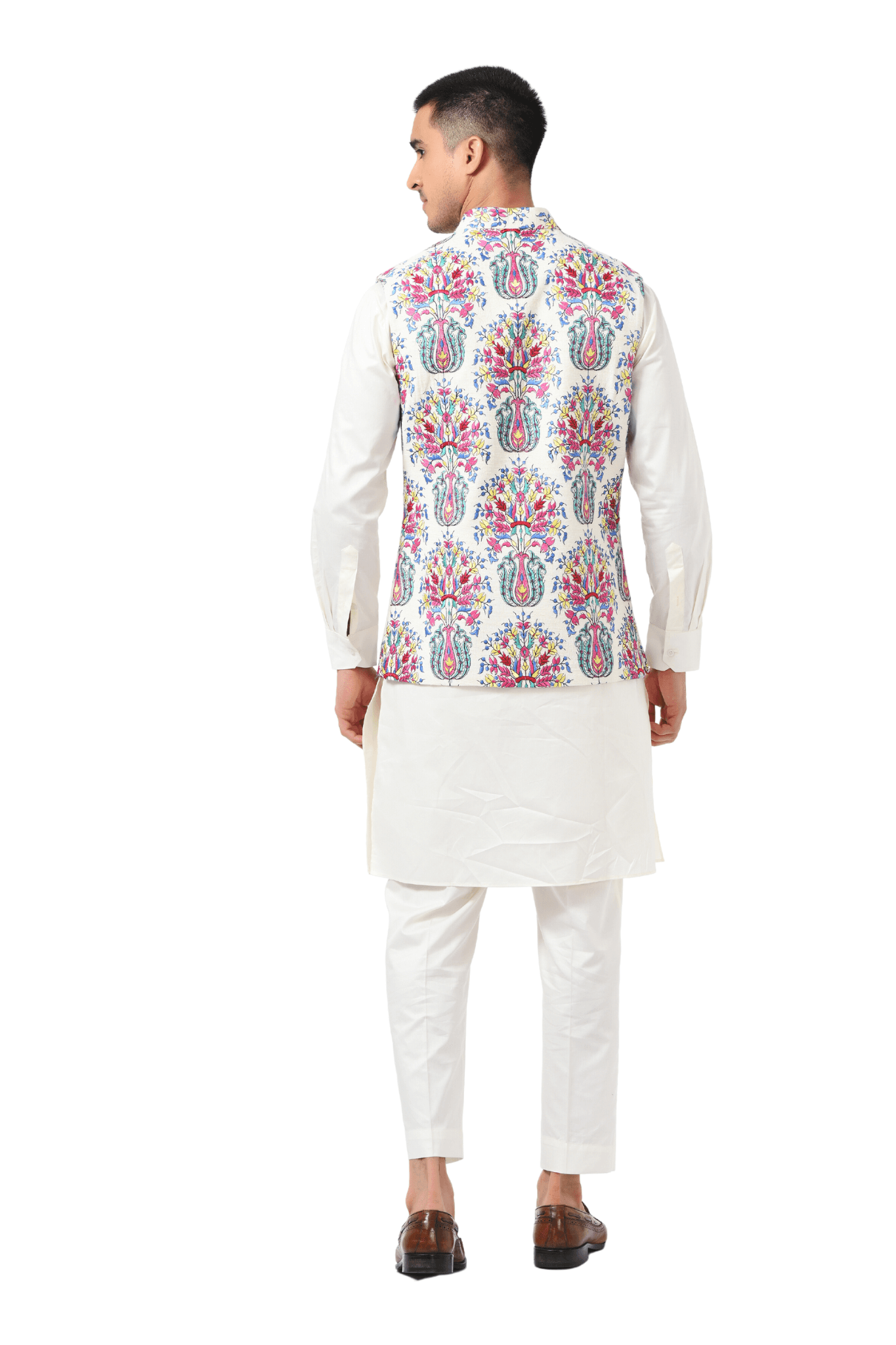 Ivory Floral Embroidered Silk Nehru Jacket
