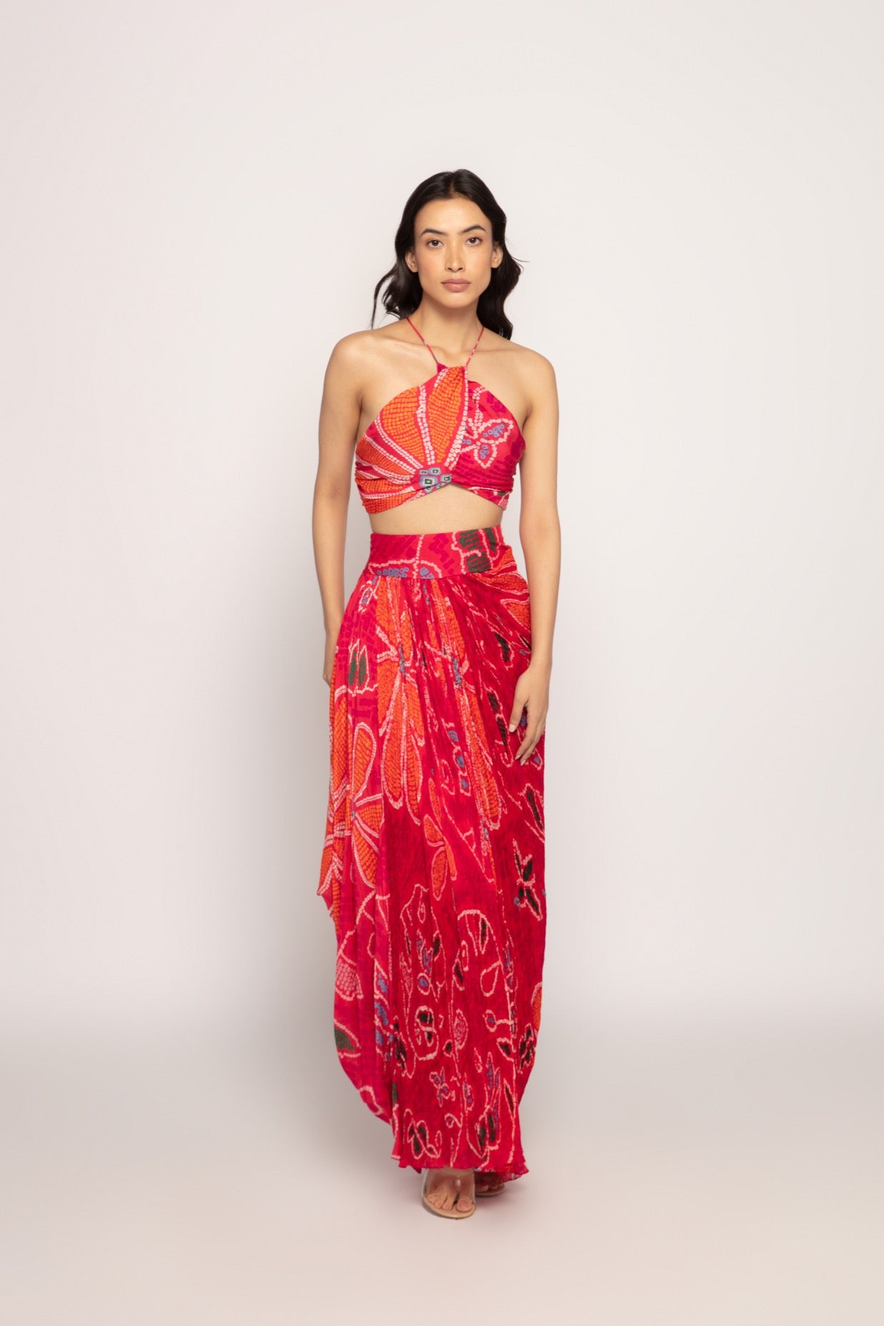 Marigold Bandhani Print Hand Micro Pleated Drape Style Skirt