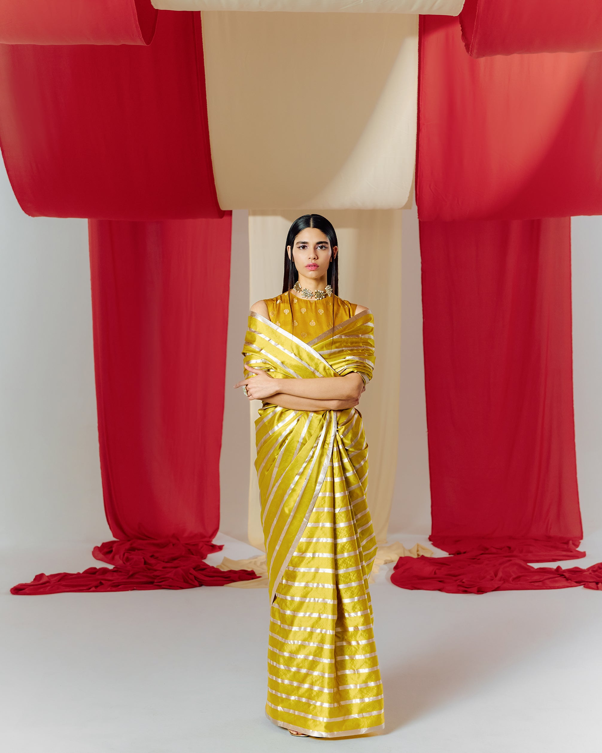 Handwoven Yellow Striped Silk Saree
