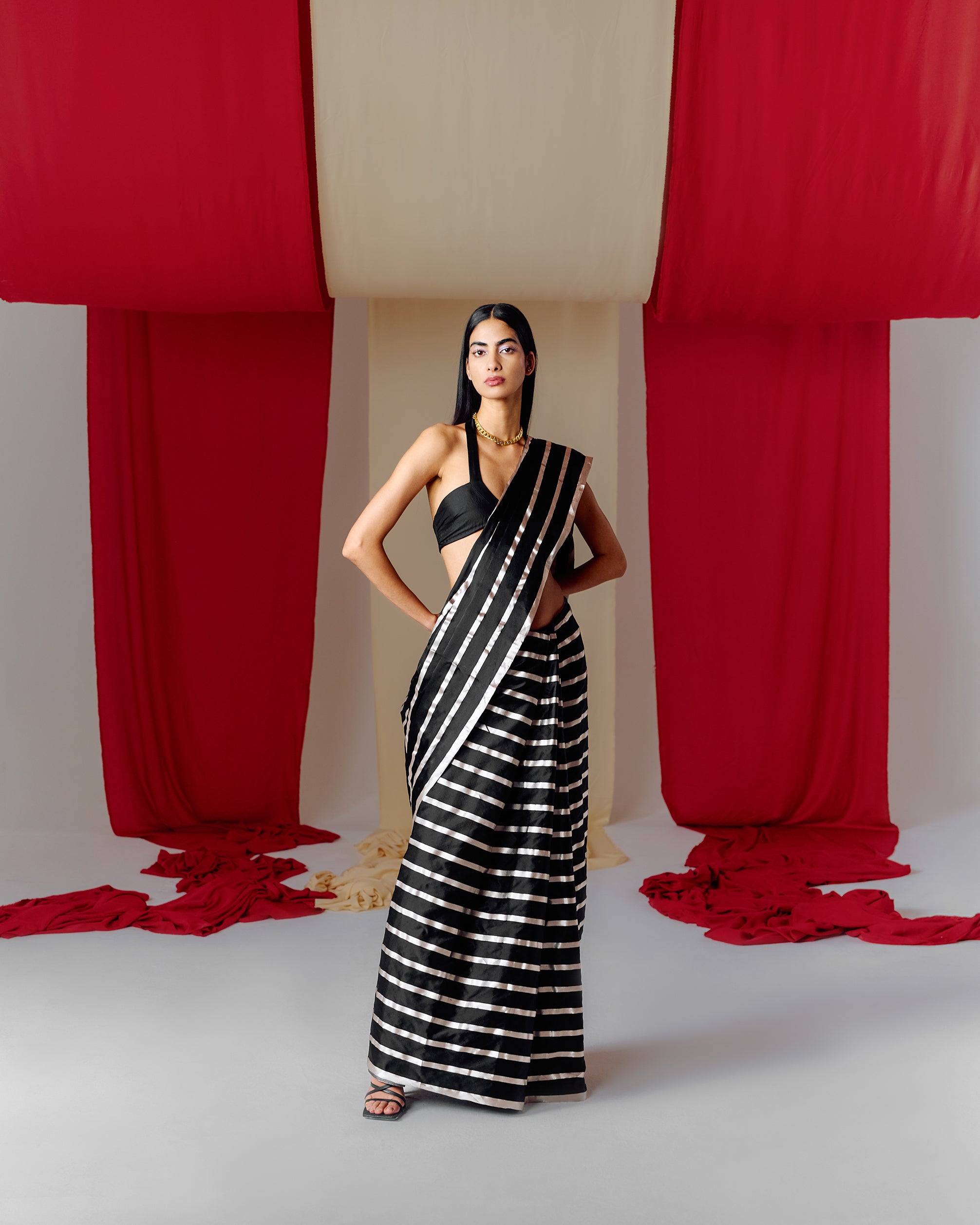 Handwoven Black Striped Silk Saree