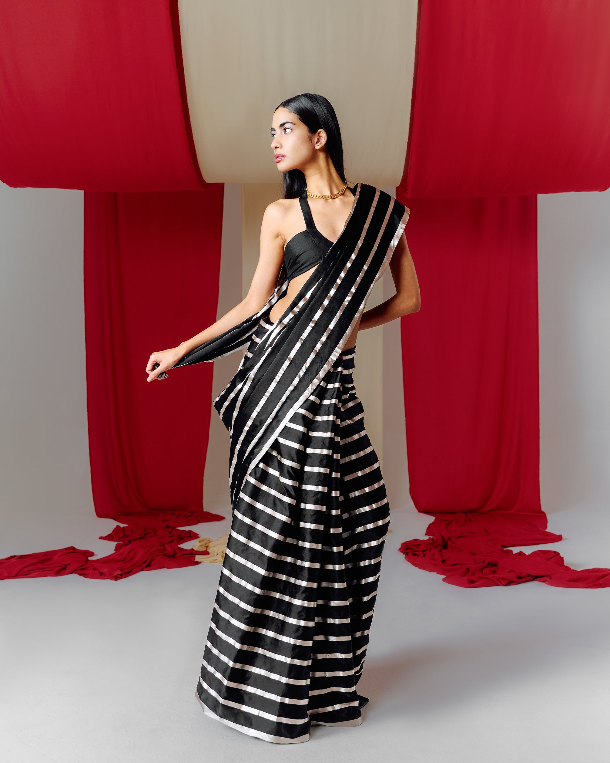 Handwoven Black Striped Silk Saree