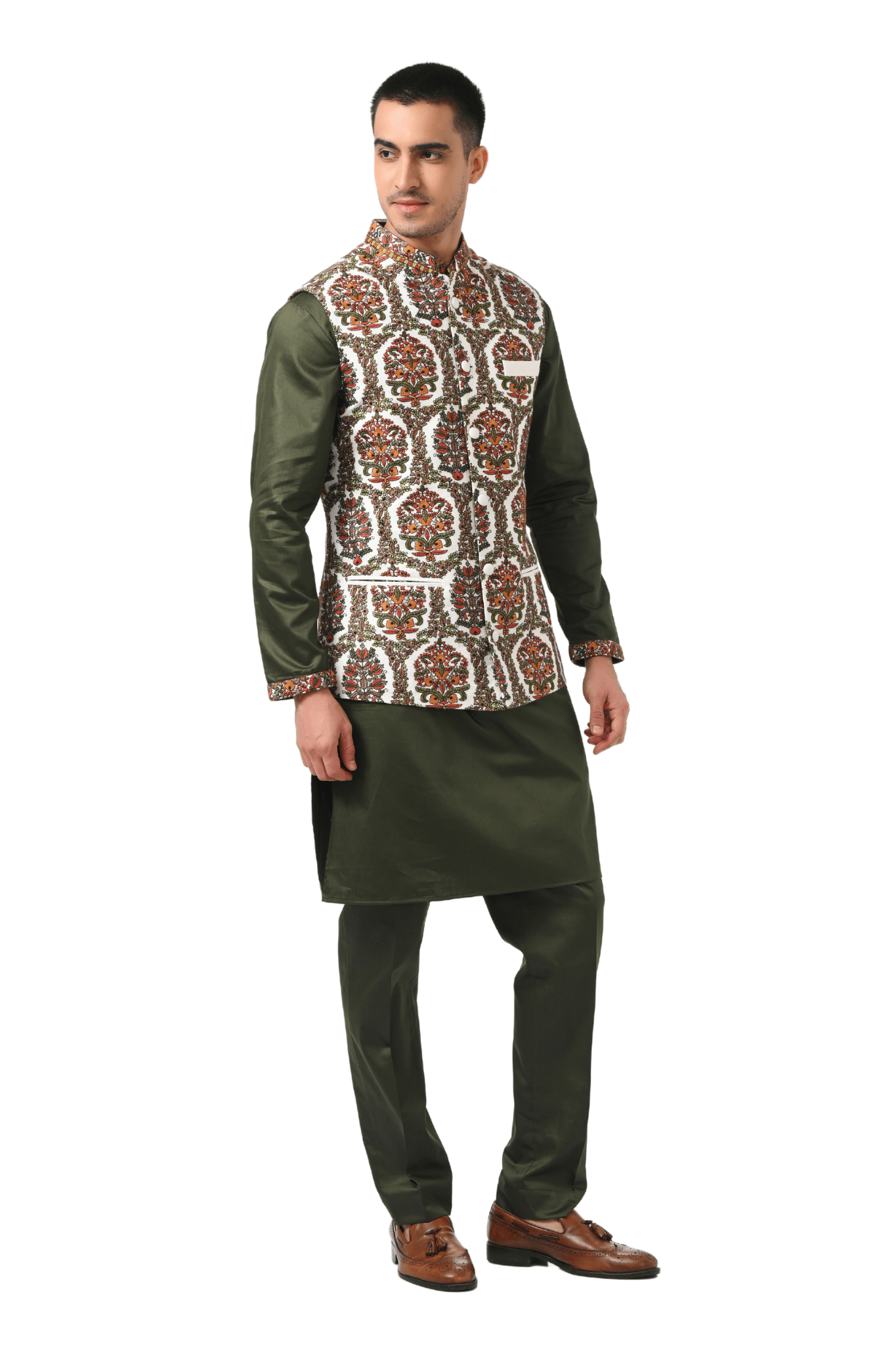 Photo of Groom in a floral print nehru jacket and white kurta pajama for  the Mehndi