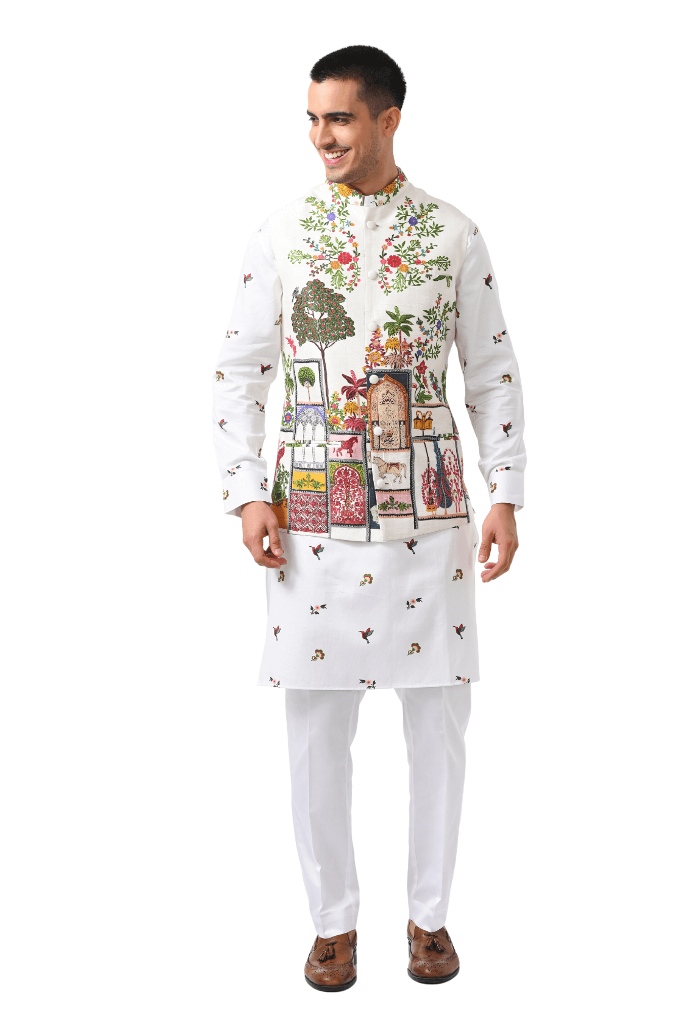Pure Silk Moroccan Kalamkari Embroidered Nehru Jacket