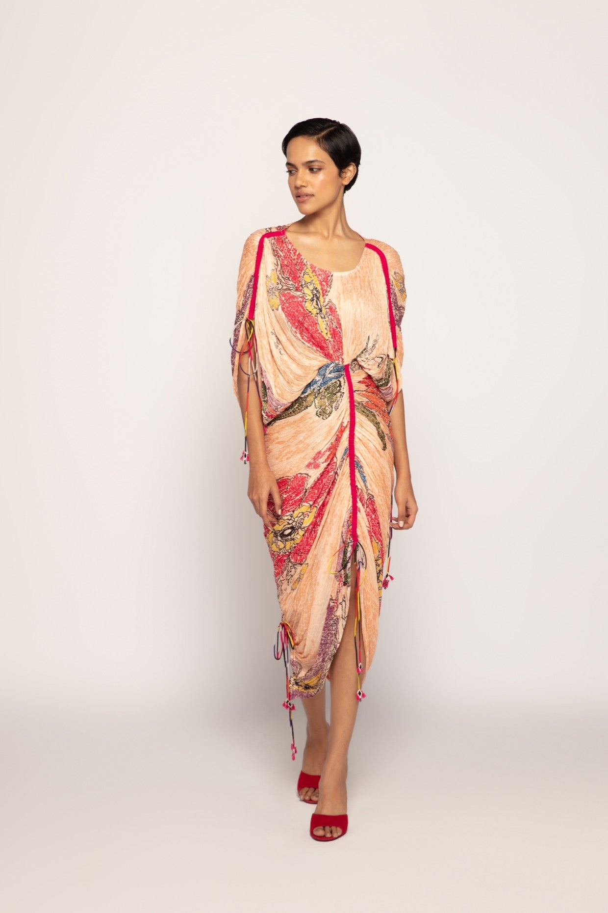 Periwinkle Bandhani Print Two Shoulder, Hand Micro Pleated Sari Style Dress