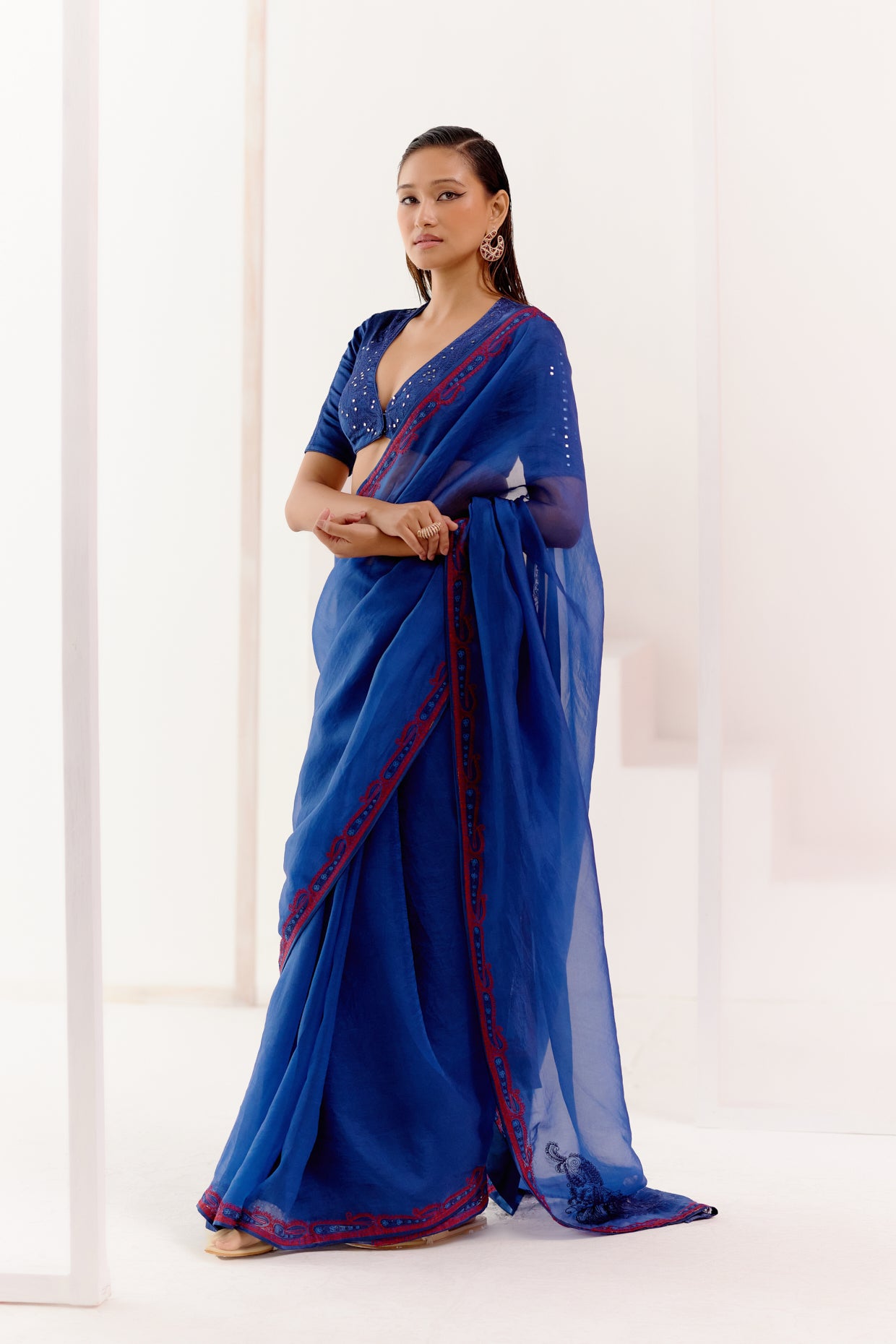 Navy Blue Organza Silk Saree with Sequins Thread Work | Koselly