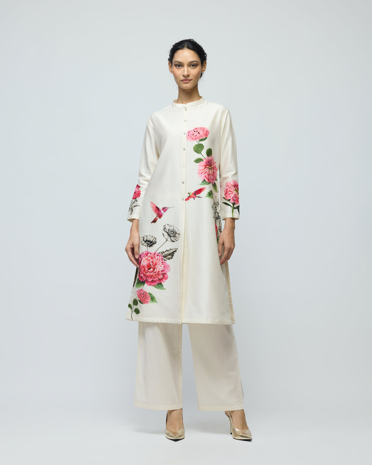 Floral Printed Chanderi Tunic Set With Voile Pant