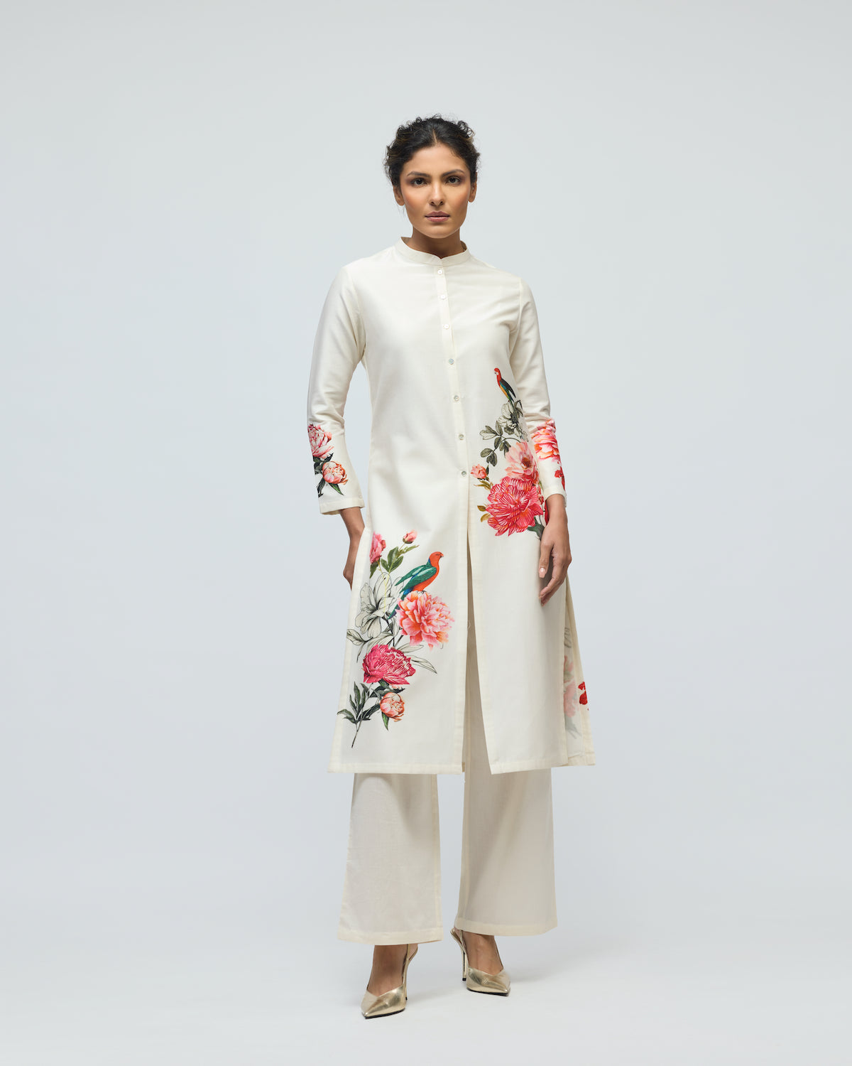 Floral Printed Chanderi Tunic Set With Voile Pant
