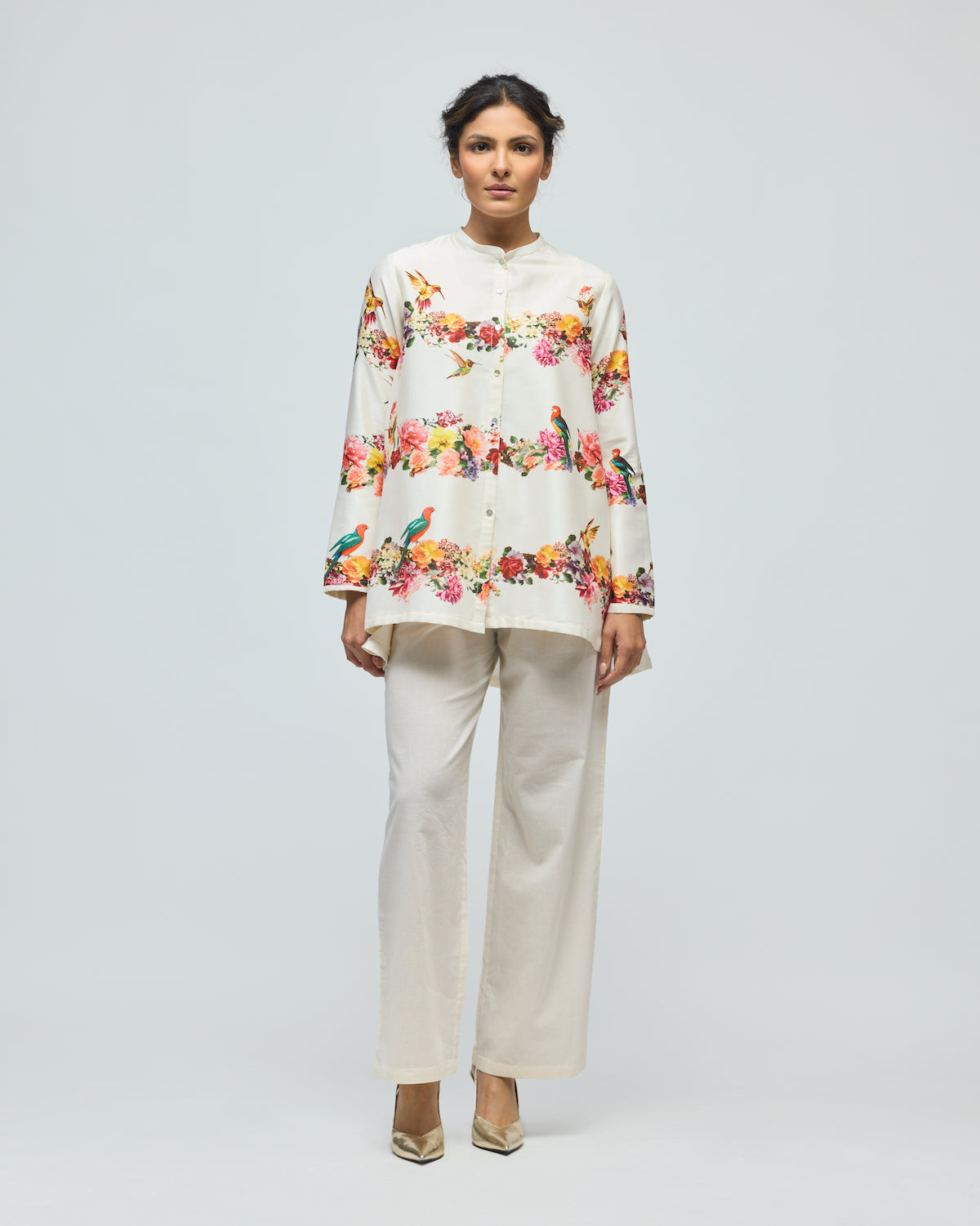 Floral Printed Chanderi Tunic Set With Voile Pant