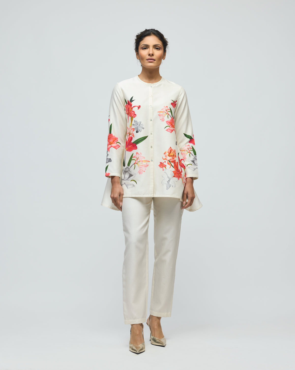 Floral Printed Chanderi Tunic Set With Voile Pant