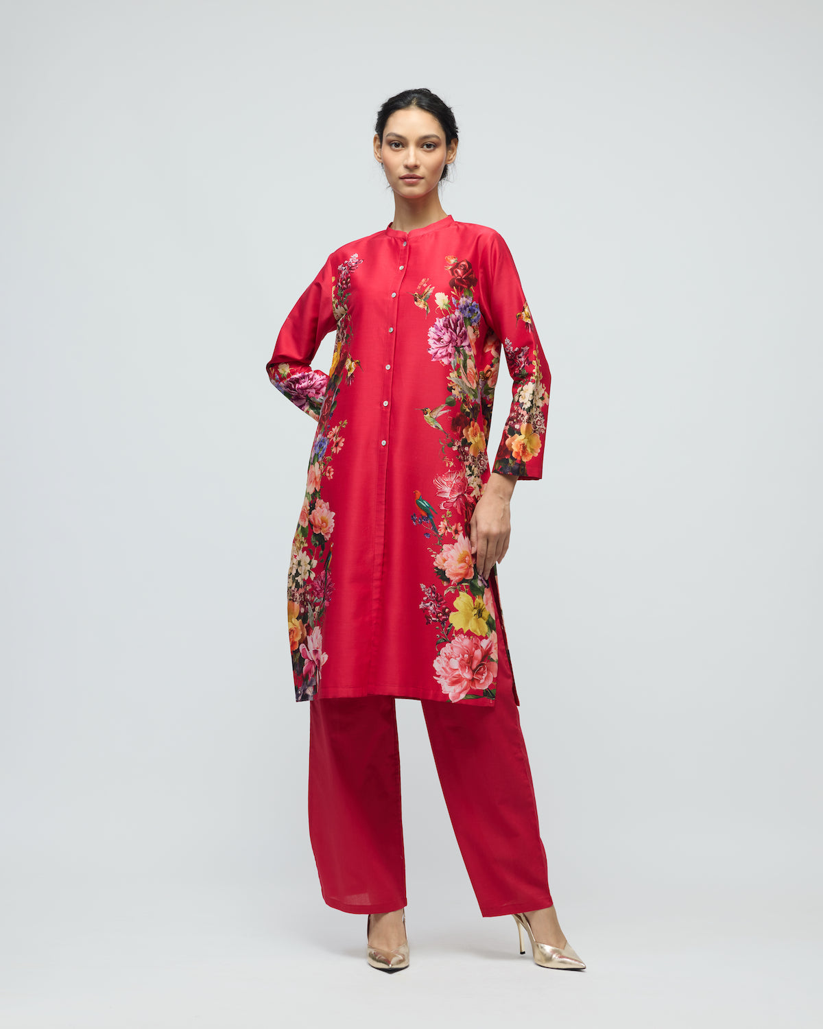 Floral Printed Chanderi Tunic Set With Voile Pant