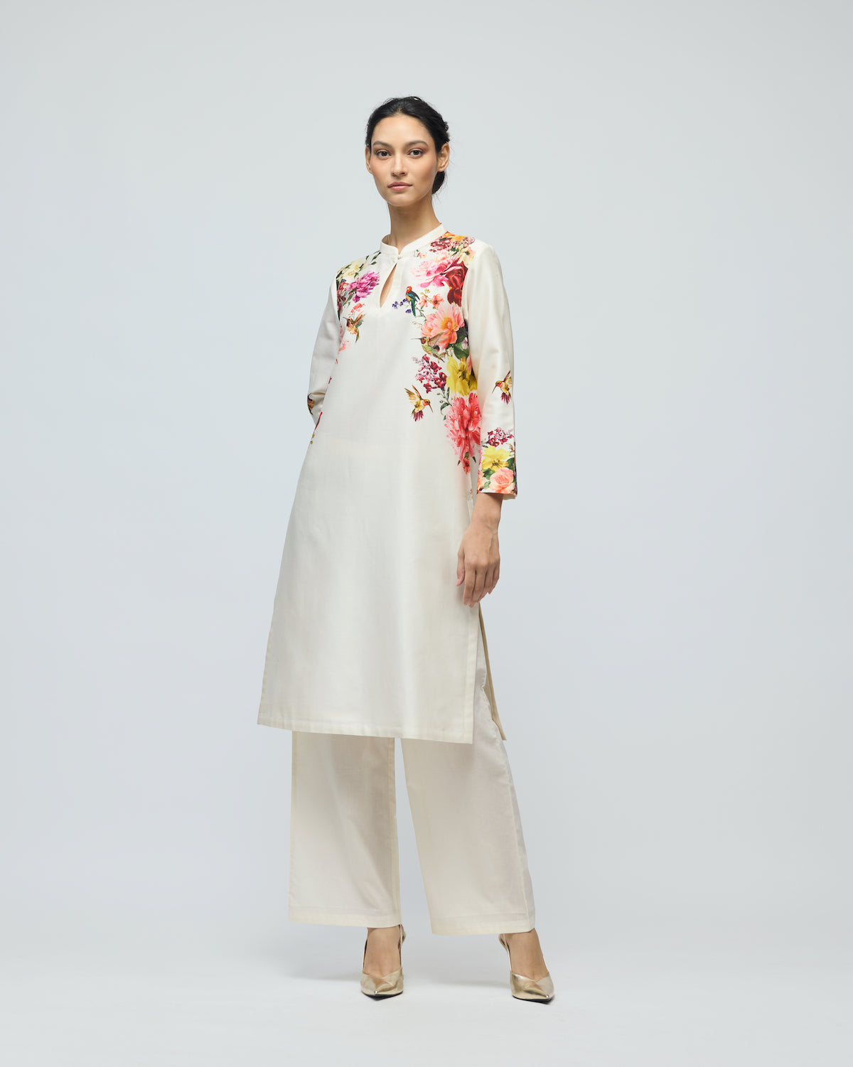 Floral Printed Chanderi Tunic Set With Voile Pant