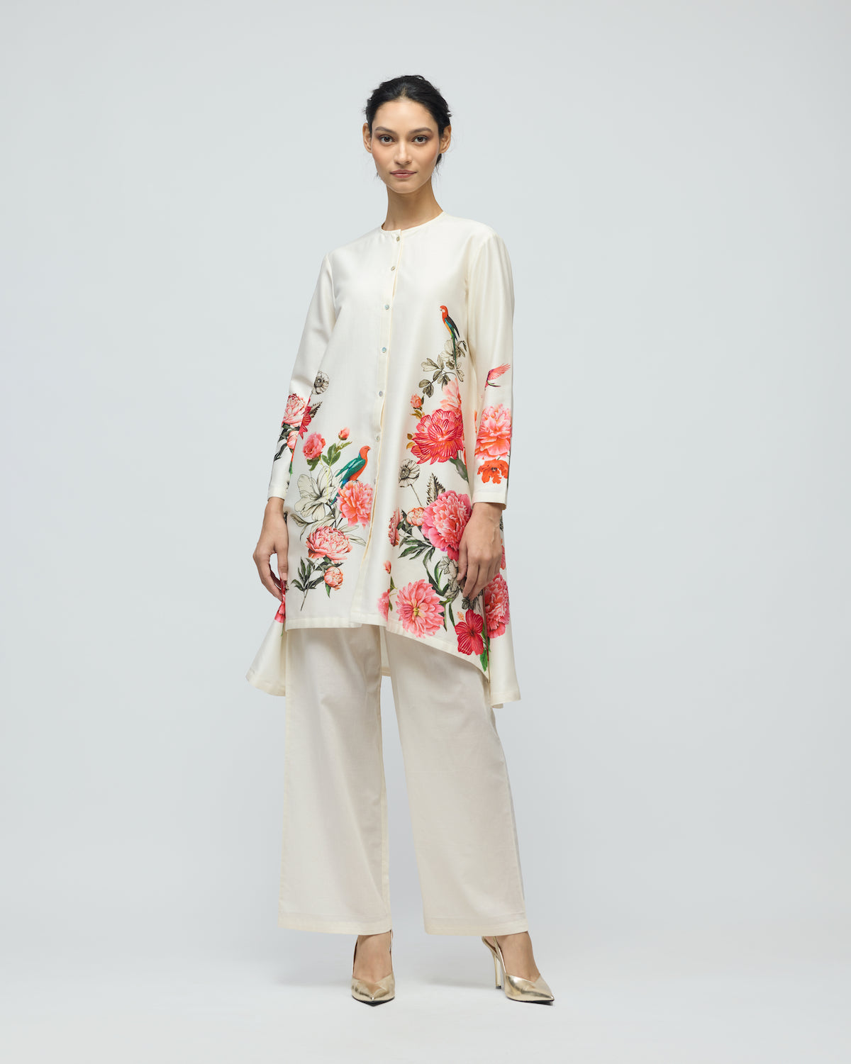 Floral Printed Chanderi Tunic Set With Voile Pant