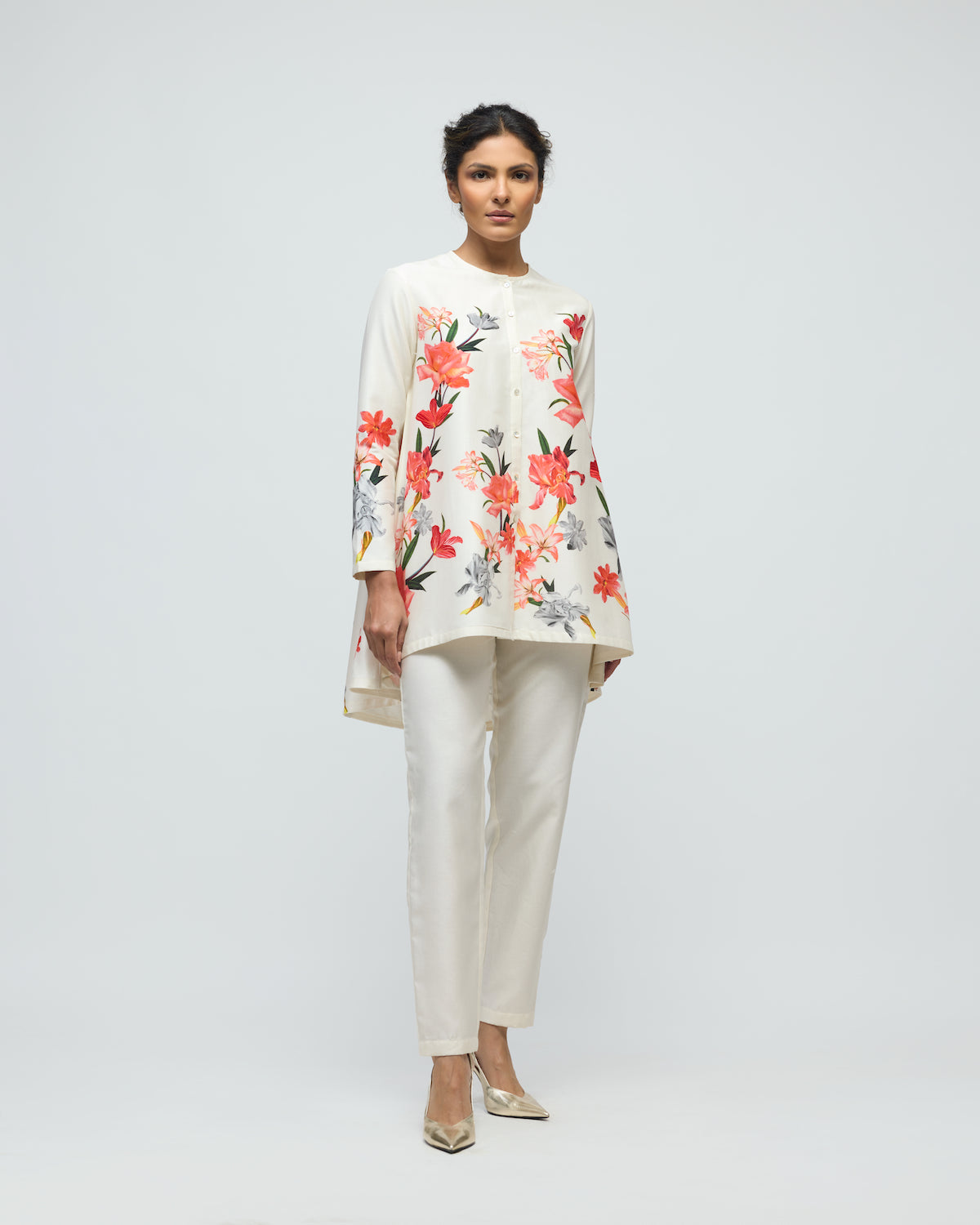 Floral Printed Chanderi Tunic Set With Voile Pant